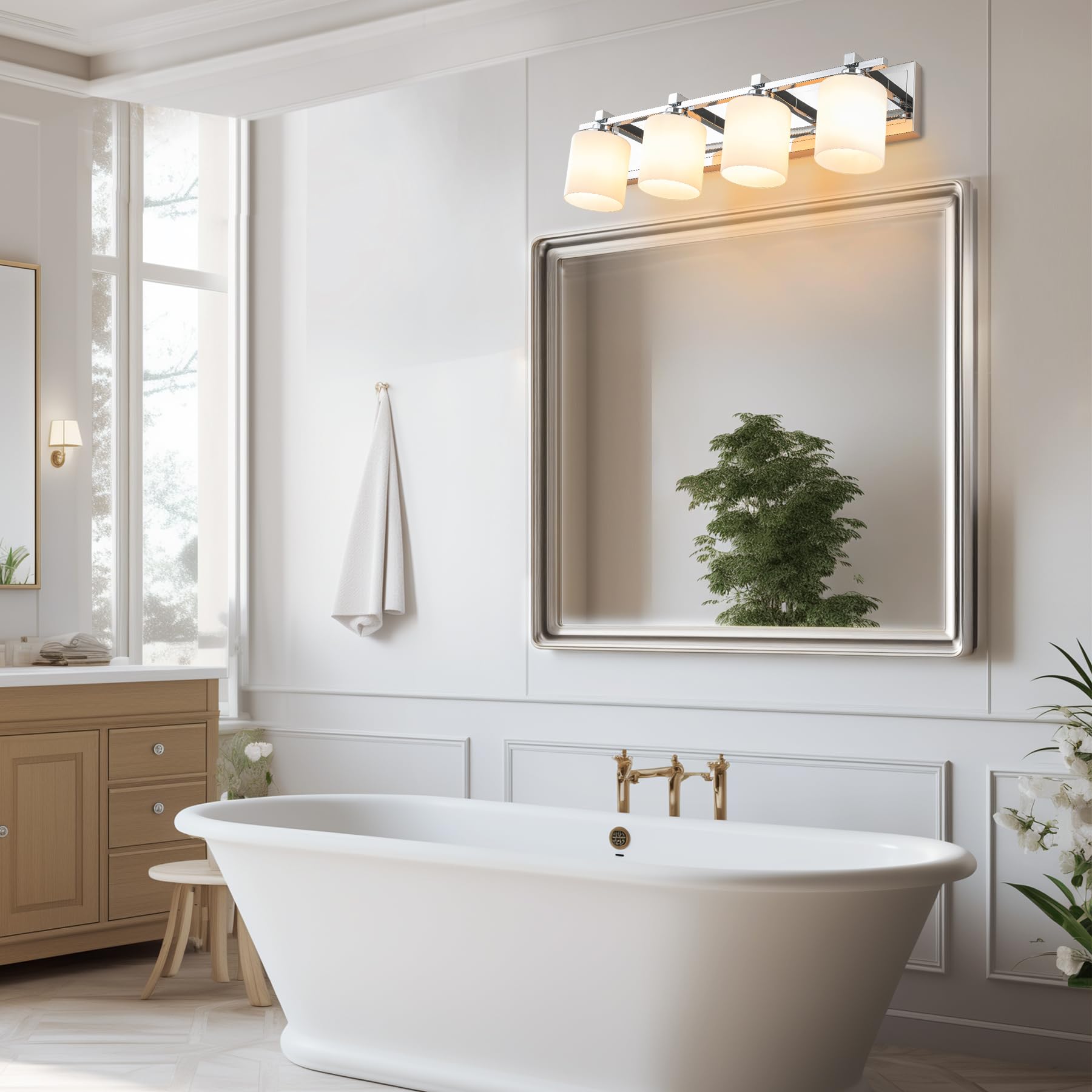 BrkNit 4-Light Bathroom Light Fixtures, Chrome Metal Vanity Lights with Milky White Glass Shades, Model J0057-3