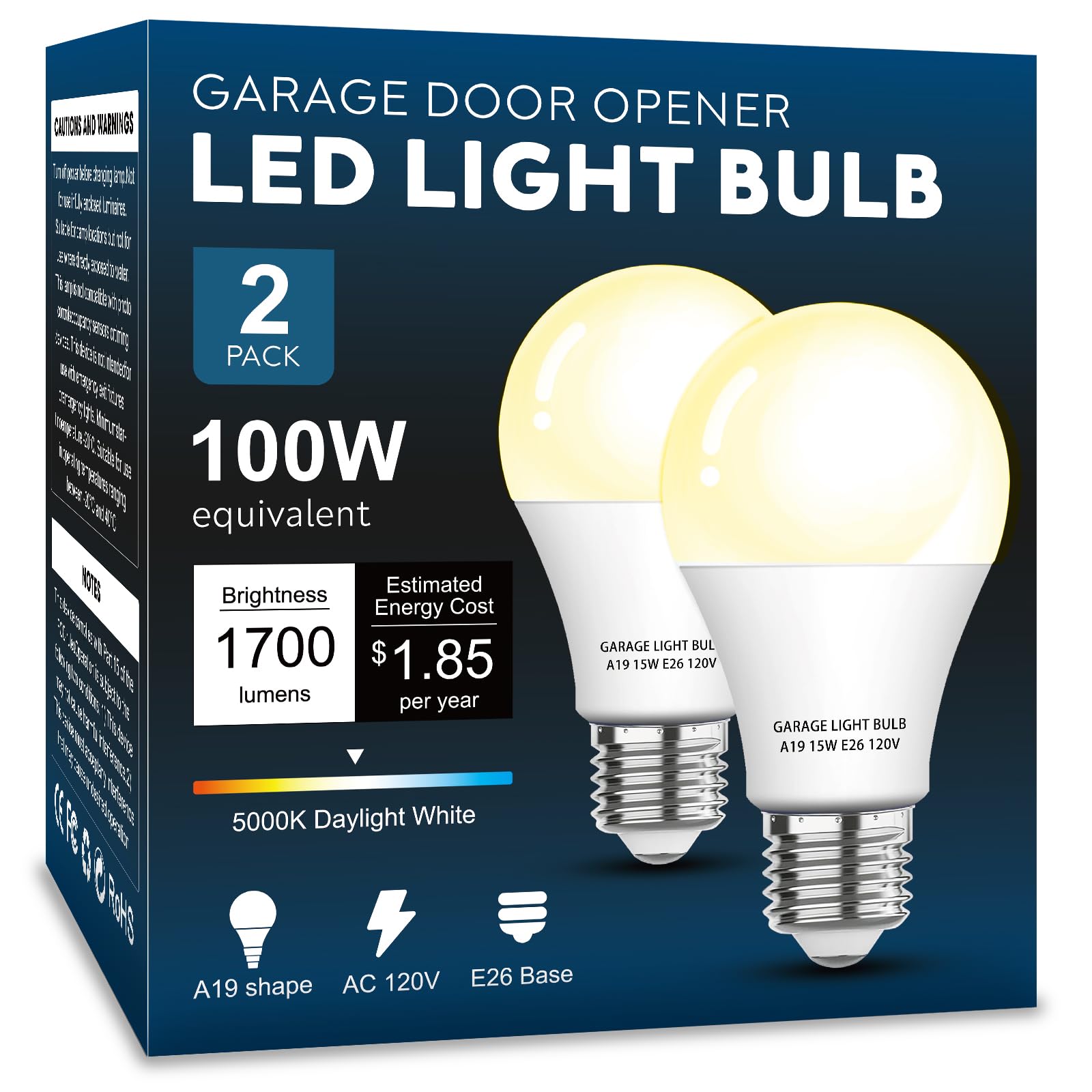 LOXYEE Garage Door Opener LED Light Bulb 2 Pack 15W Equivalent to 100W Garage Light Bulb A19 3000K Soft White E26 Base 120V Outdoor Light Bulbs Minimize Interference Dimmable