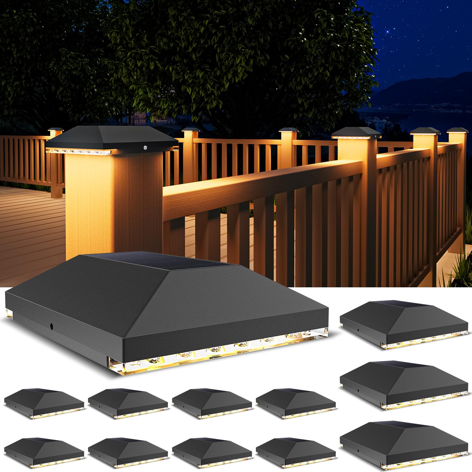 Volisun 4X4 Solar Post Cap Light, Black, Waterproof, 12 Pack For Garden/Patio/Porch