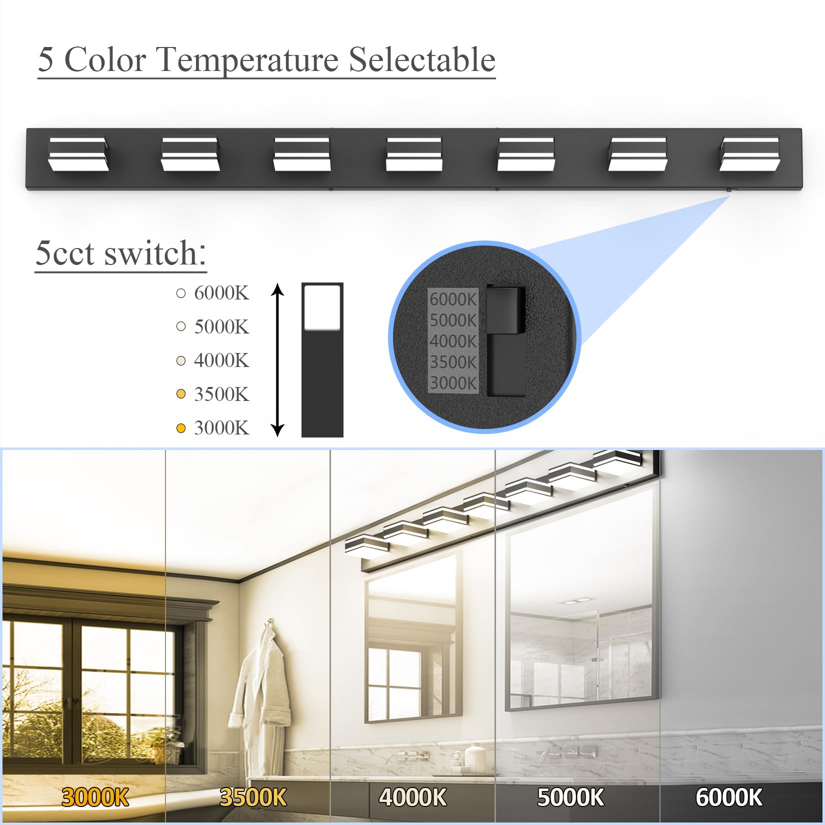 Ralbay 55Inch Black Vanity Light 5 Color Temperatures (3000K-6000K) Dimmable Metal Acrylic Led Modern Matte Black Bathroom Wall Lighting For Mirror (7-Light)