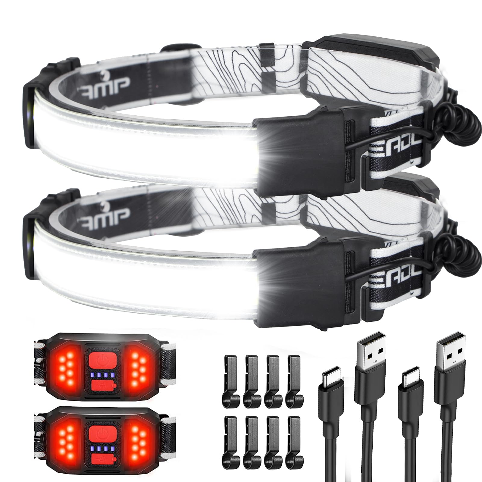 Spriak LED Headlamp Flashlight, 1000L, USB C Rechargeable, Waterproof, 2 Packs, White, Model B42L-2PackWhite
