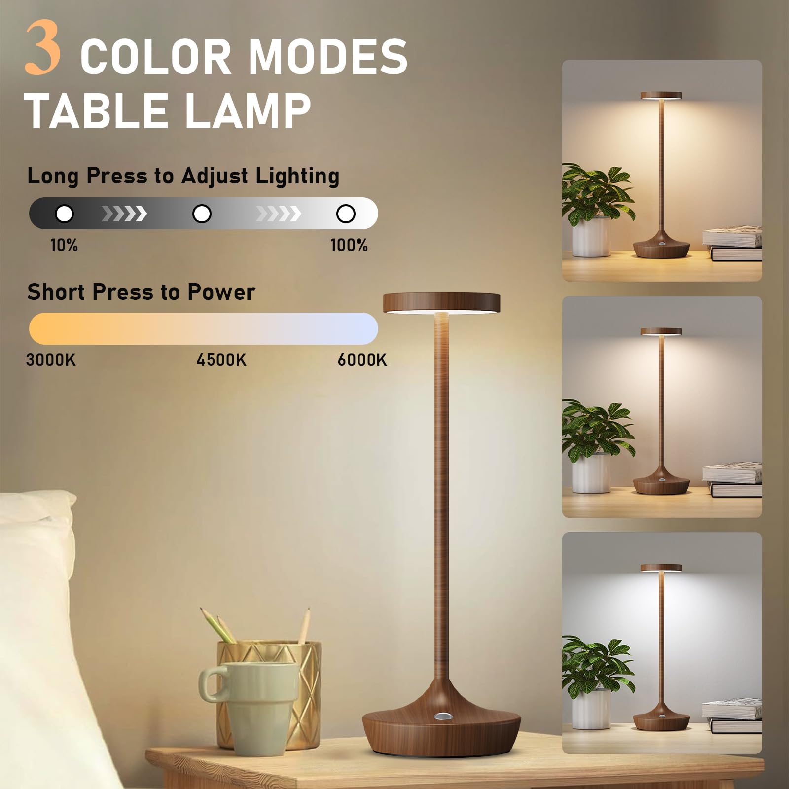 Tpczqj 2 Pack LED Cordless Table Lamp, Rechargeable, Waterproof, Touch 3 Color Dimming, Woodgrain, HT-x86 Model