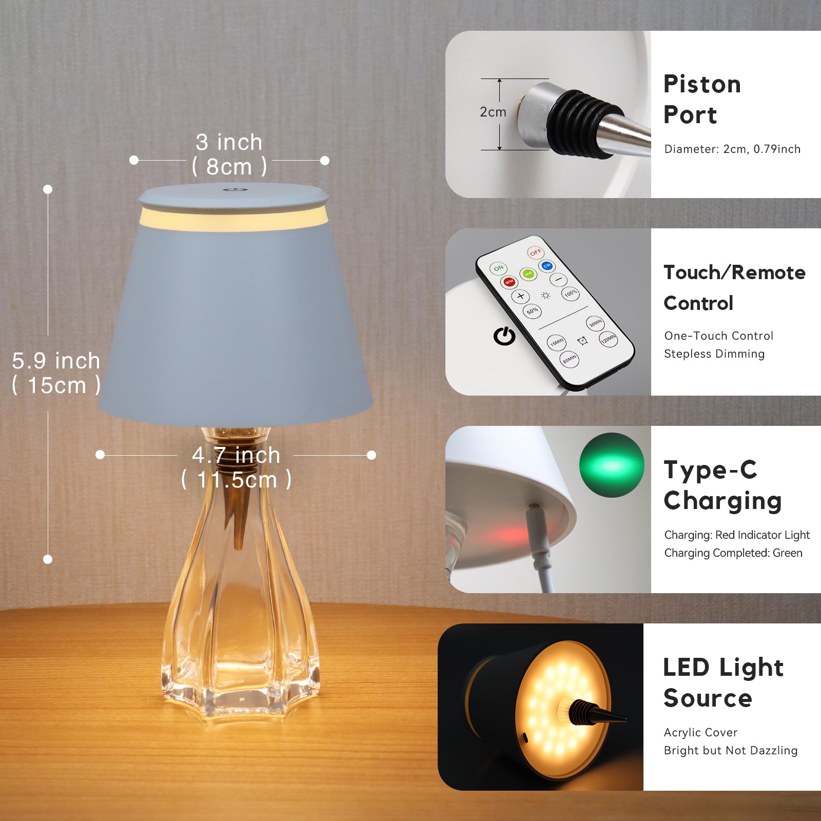 Yupola Wireless Bottle Lamp, Dimmable Cordless Touch Control, Rechargeable, Acrylic, 1pcs, White, Model SBSY