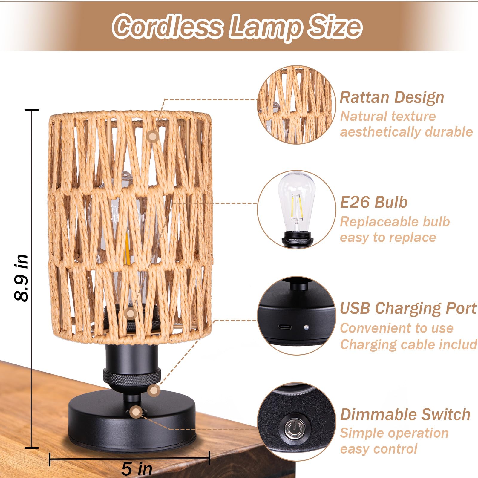ALL FORTUNE Cordless Rechargeable Table Lamps, Dimmable Battery Operated Set of 2, Beige for Patio, Living Room, Bedroom - Bulb Included