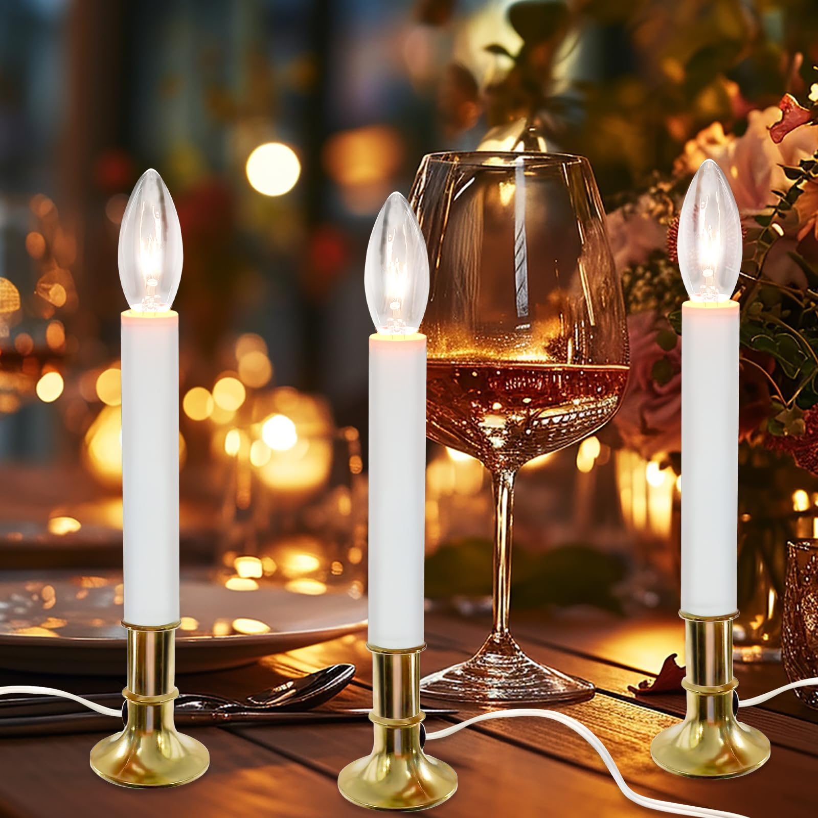 4 Pack Christmas Electric Window Candle Lights With Gold Base, Dusk To Dawn Candle Lamps With 7W E12 Base Incandescent Bulbs Plug In Candle Lights For Window Lights Decor Party Xmas Table Top