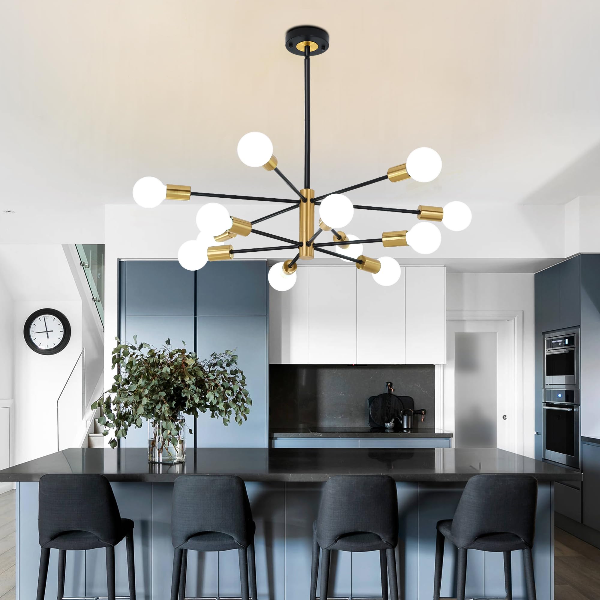 HUMHOLD 12-Light Modern Sputnik Chandelier, Black Gold, Adjustable Height, Stainless Steel, Model HDTHD-B01