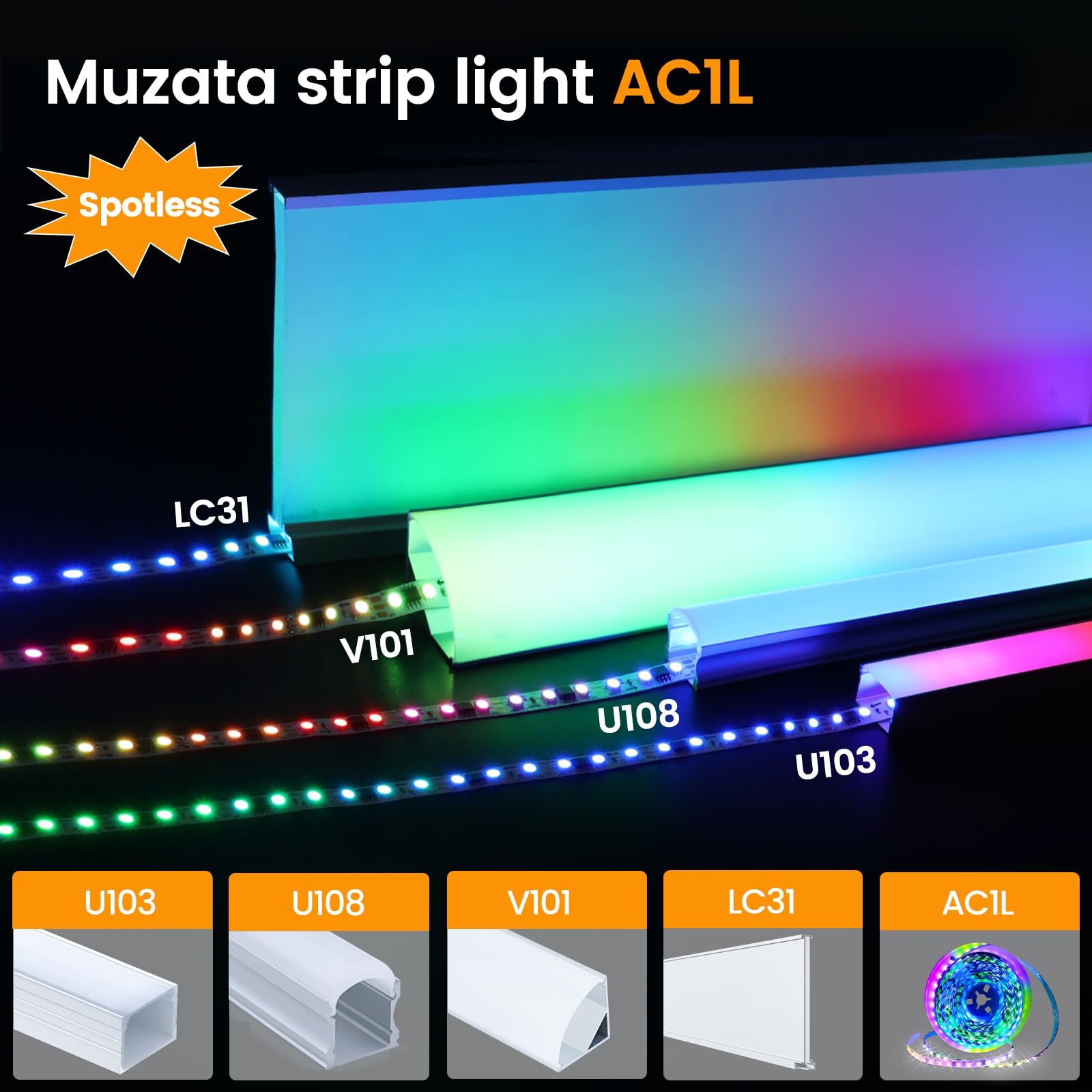 Muzata RGB LED Strip Light 16.4FT, High Density 96 LEDs, Model AC1L, Copper Material, Regular Size