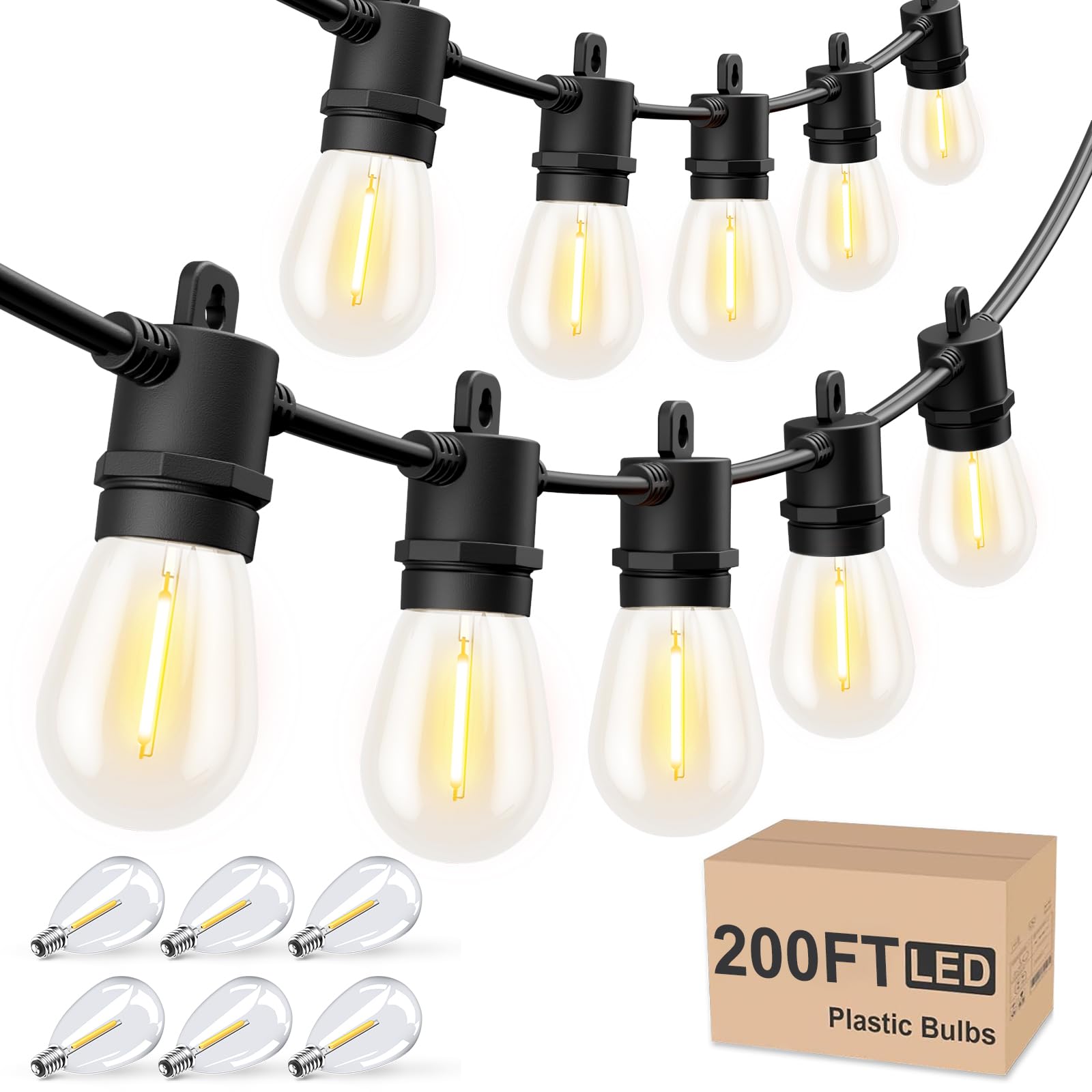 Svater Outdoor String Lights, 200FT Shatterproof Waterproof Black Hanging Lights, Model IL-E12-1810030