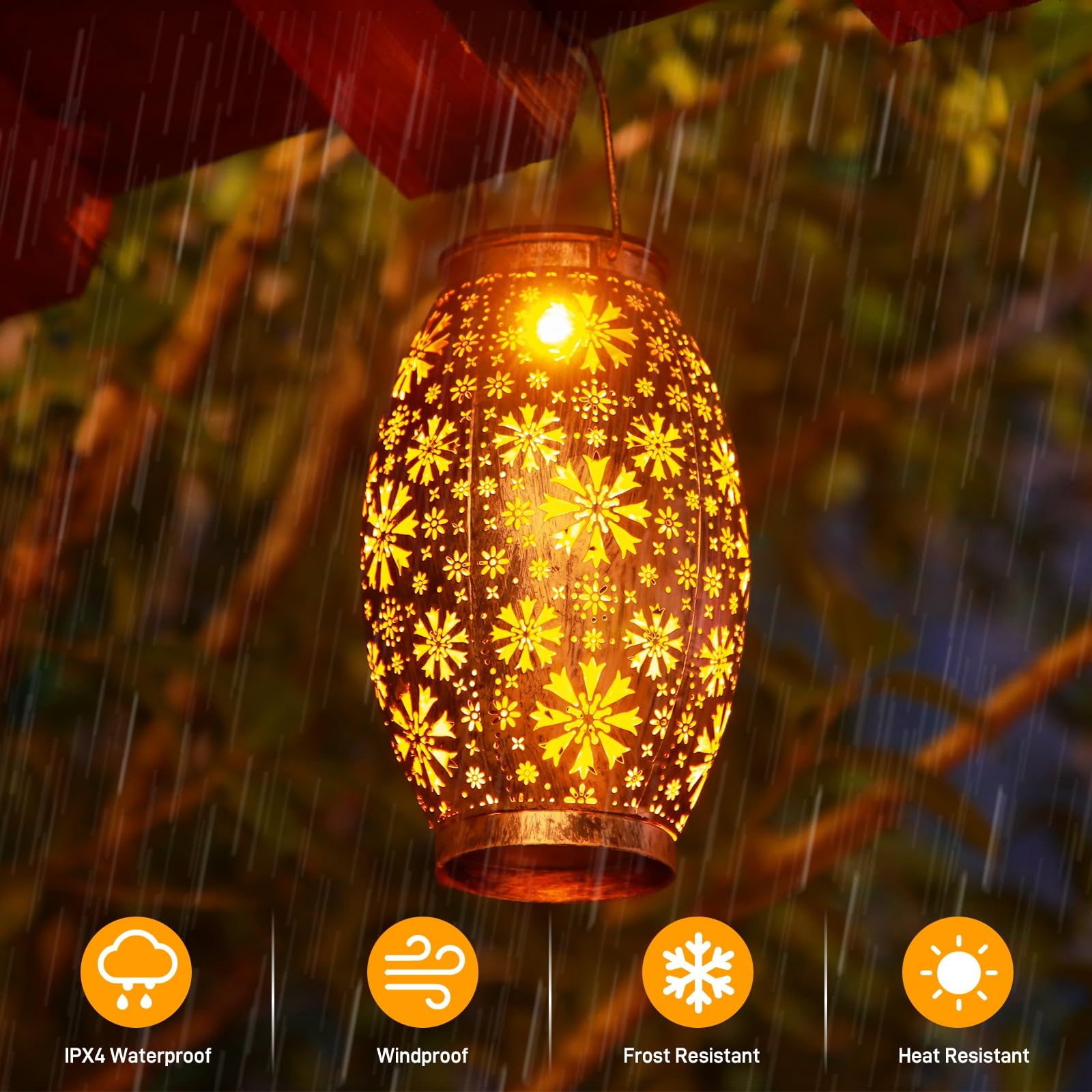 OxyLED Solar Lanterns - 2 Pack Waterproof Hanging Lights, Retro Bronze Metal for Yard, Patio, Tabletop, Model D80-0559N-20-US
