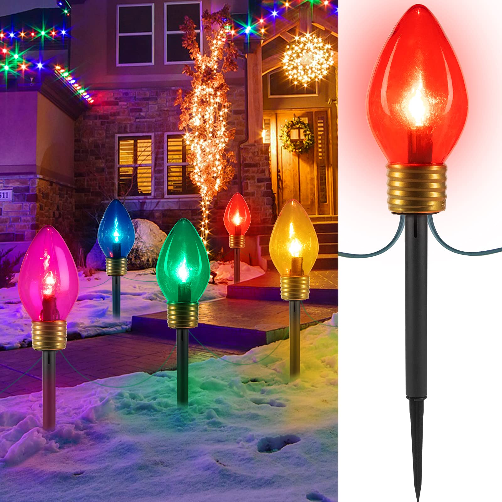 Brightown Jumbo C9 Christmas Lights - 8.5ft LED Multicolored Outdoor Decoration with Pathway Marker Stakes, 1 Pack, Plastic