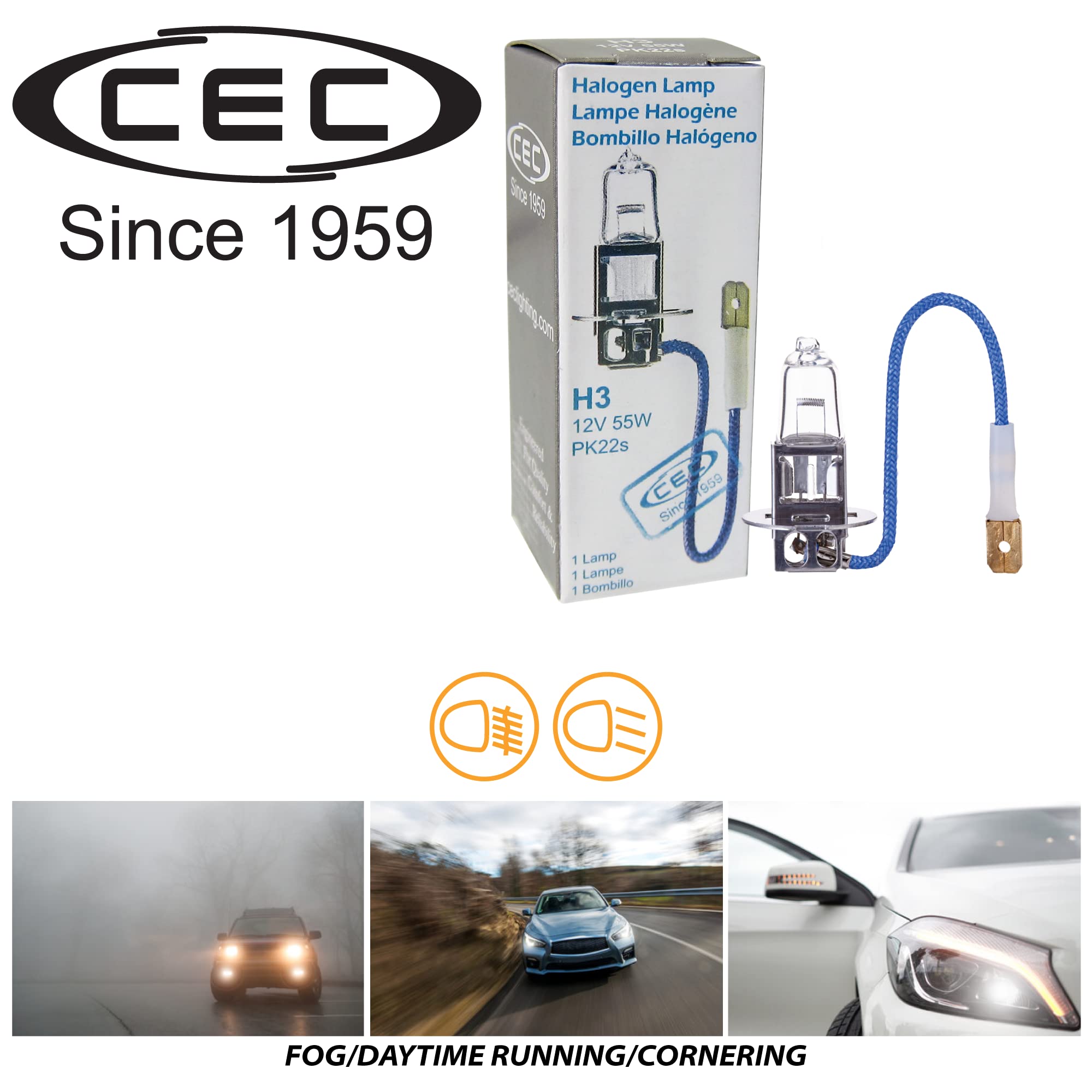 CEC H3 55W Halogen Fog Headlights Automotive Headlamp 2-Pack Clear White Model 43160-224724