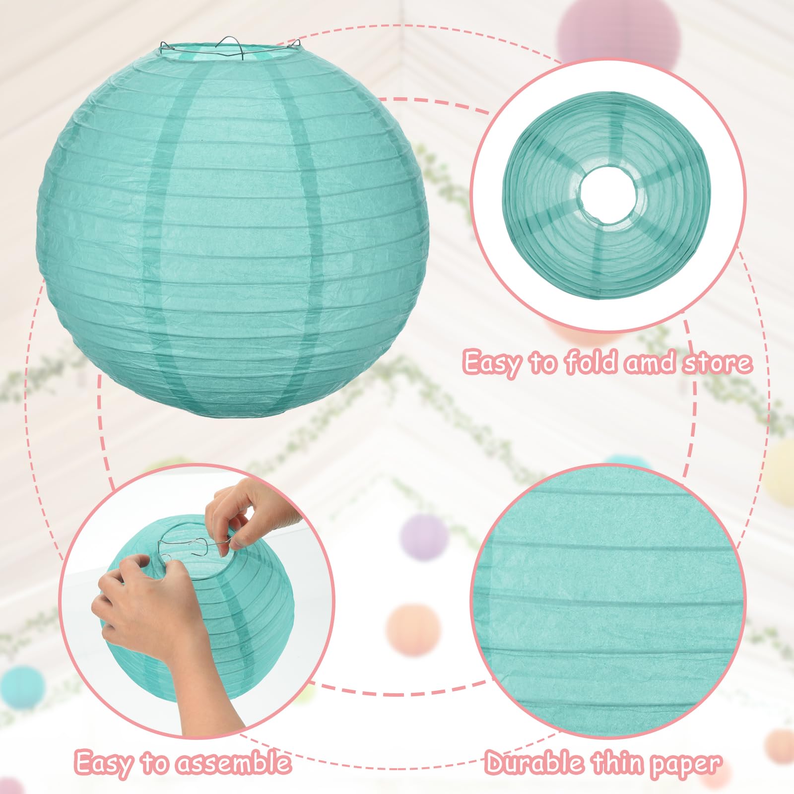Meccanixity 6Pcs Paper Lanterns Decorative, 6'' 8'' 12'' Blue Round Hanging Lantern Chinese Lanterns For Home Decor, Birthday, W