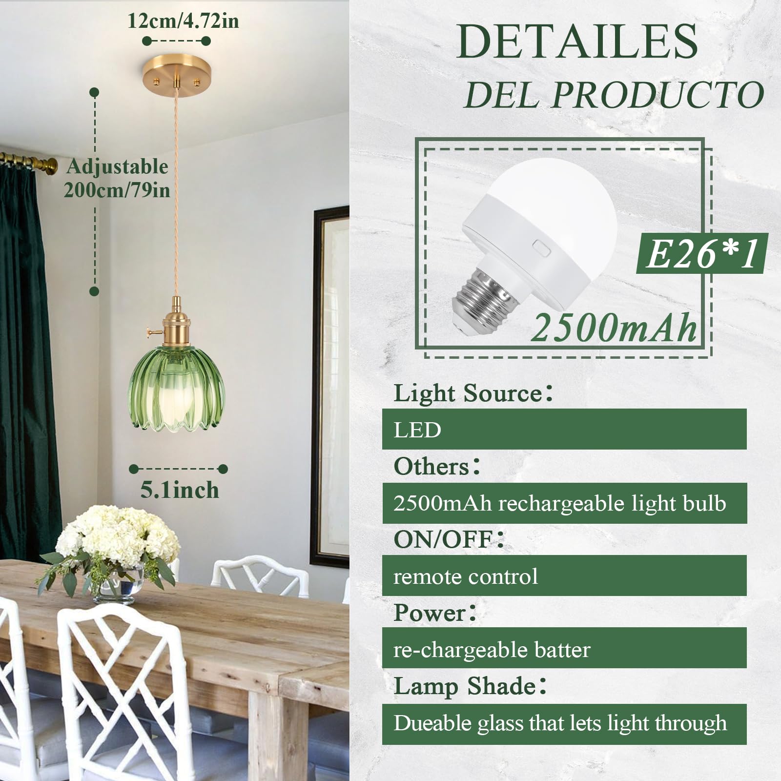 Loiogohot Battery Operated Pendant Light, 5.1" RGB Rechargeable Glass Chandelier, Tulip Green, Model PL-BN1169-CD-GN