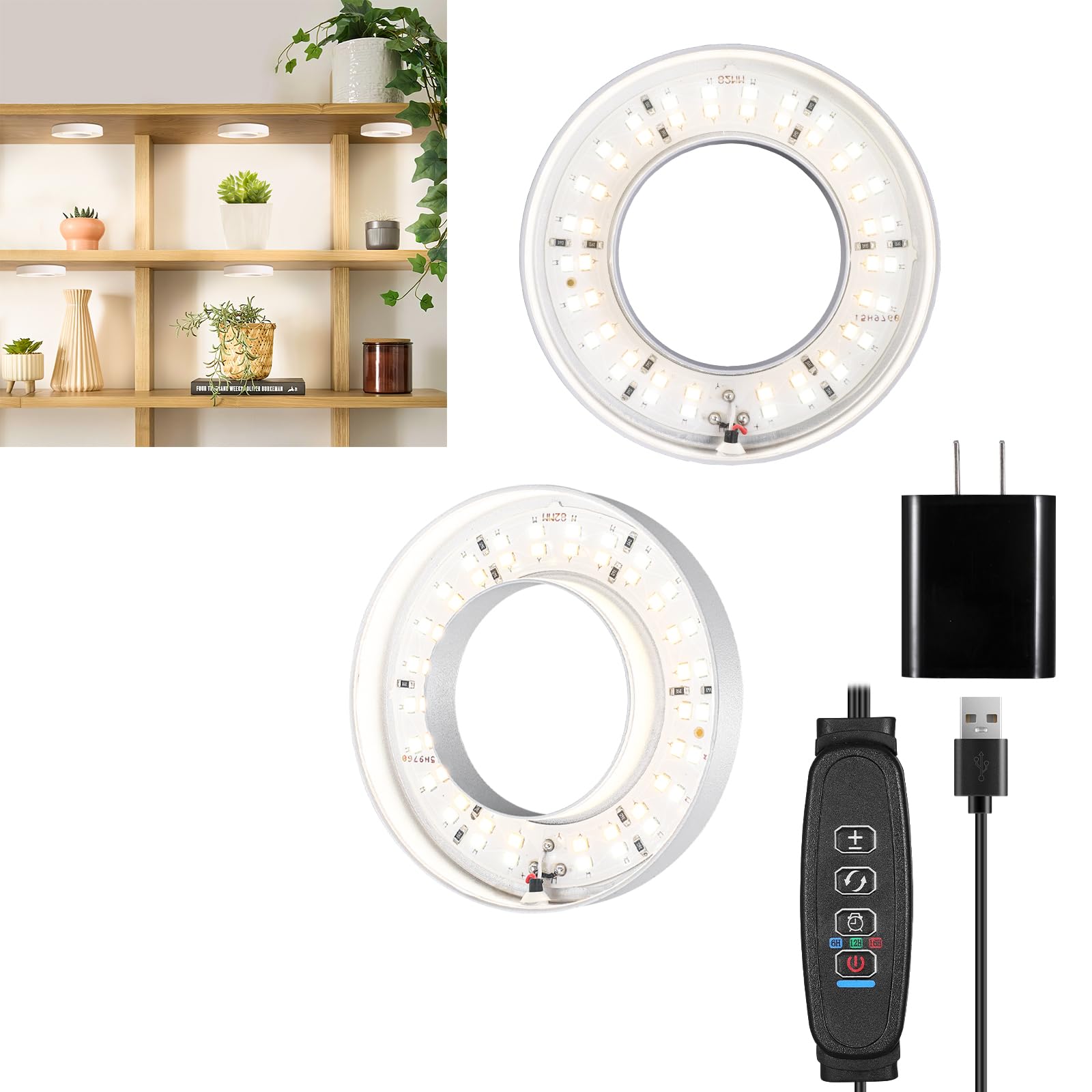 Ceiling LED Plant Growth Lights for Indoor Plants  Warm+White Full Spectrum 3.54 Grow Lamps for Plant Growth with 6/12/16H Timer  3 Spectral Modes  10 Dimmable Levels  Halo Angel Ring White (2 Head)