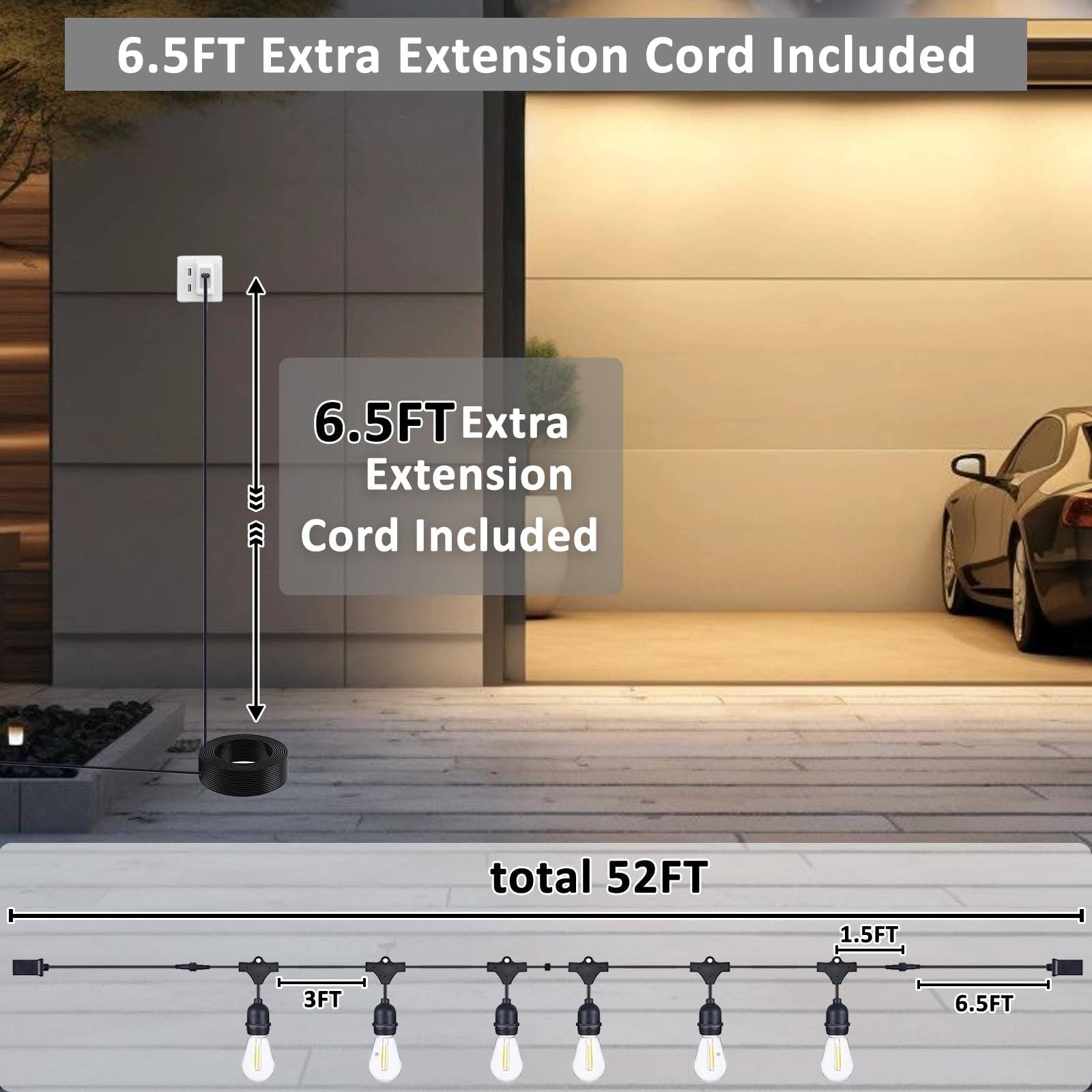 Lukasumi 52Ft Led Outdoor String Lights, 15 Waterproof Vintage Edison Bulbs For Patio & Garden