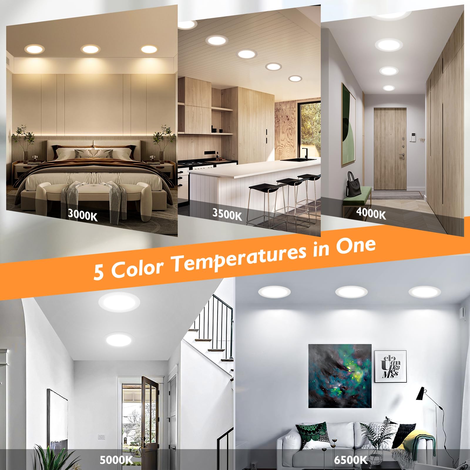 Beslowe 6 Packs 8 Inch 5Cct Led Recessed Ceiling Lights Ultra-Thin With Junction Box, 12W 150W Eqv, 3000K/3500K/4000K/5000K/6500