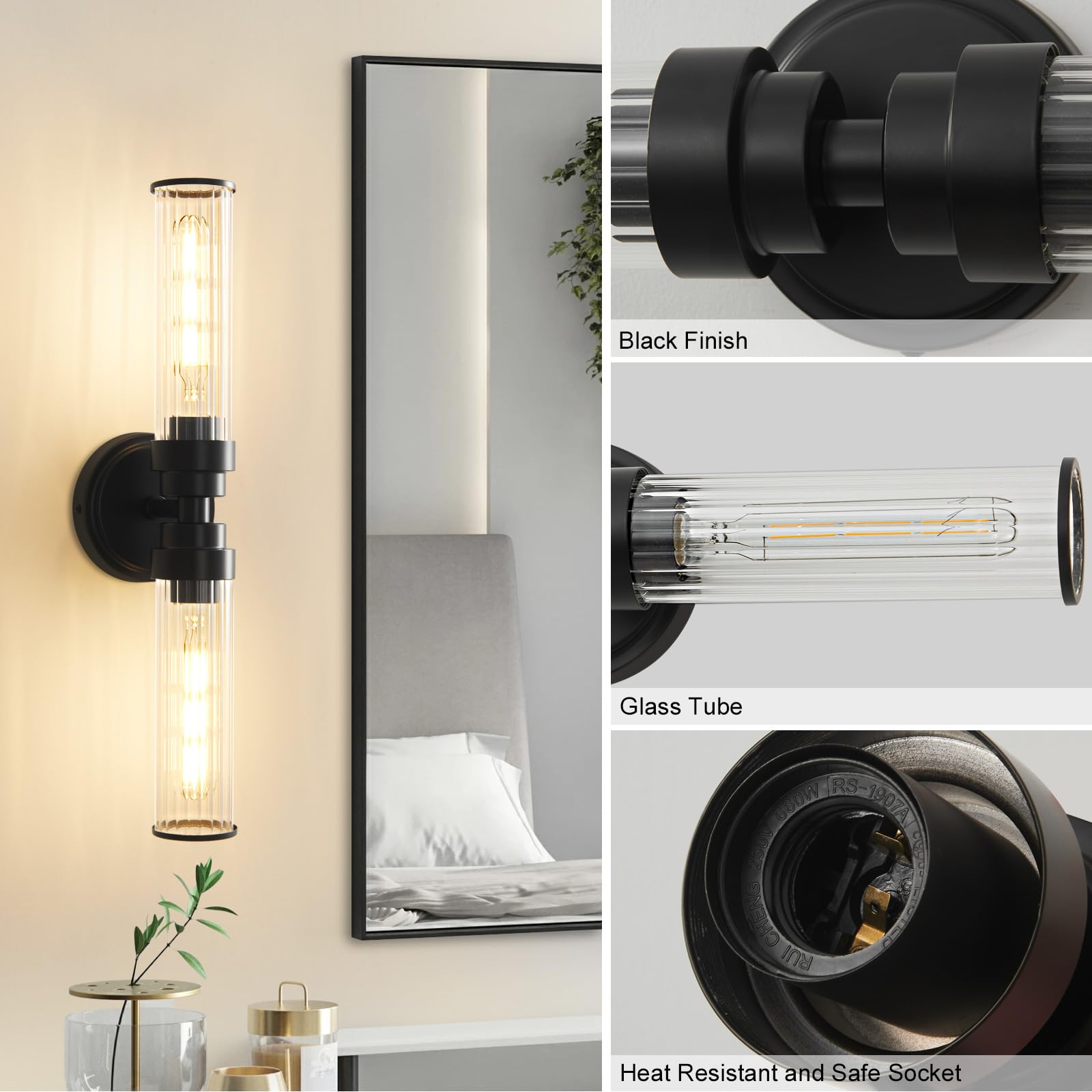Vaziden Bathroom Light Fixtures  Black Wall Sconce In Threaded Glass Indoor Vanity Lights  Modern Bathroom Vanity Light Up And Down Sconces Wall Lighting For Bathroom  Living Room - Bulb Not Included