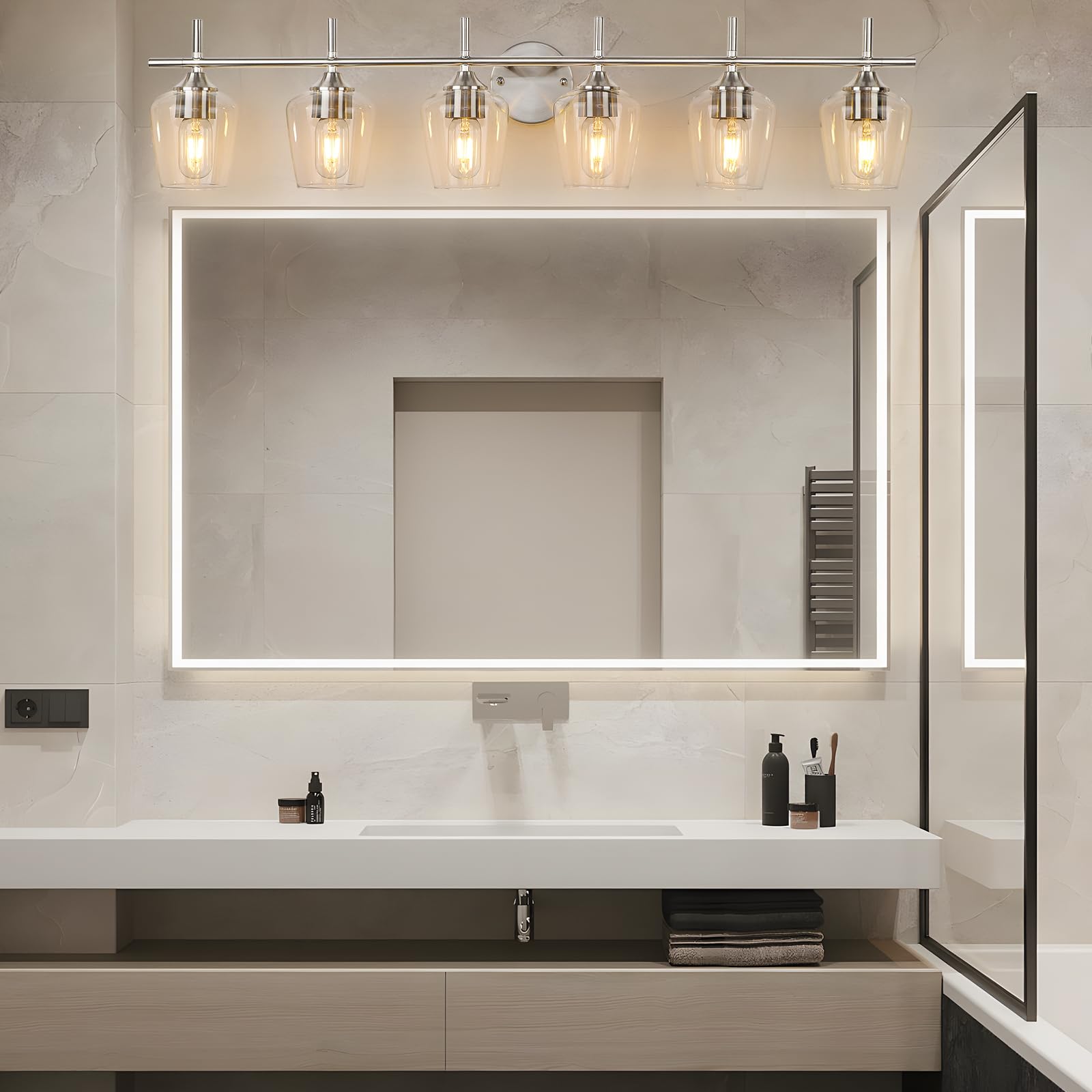foucasal 6-Light Bathroom Vanity Light Fixtures, Brushed Nickel, Metal, Clear Glass Shade, Model ULB0046H-6SHANIE