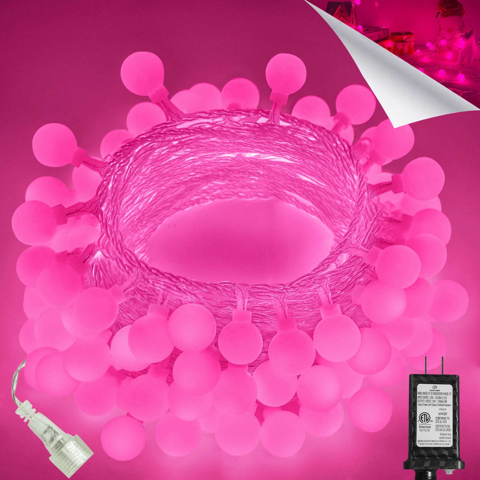 LORRYTE 100 LED Pink Globe String Lights, 43FT Connectable, Waterproof, 13 Modes, Indoor/Outdoor, Model GP-SW290DC0209-IP44