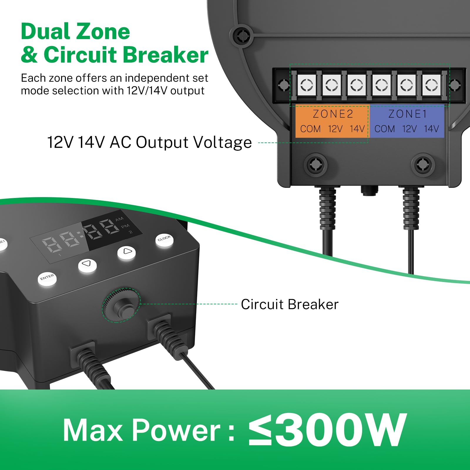 FIRMERST 300W Low Voltage Landscape Lighting Transformer, Black, Model MDK1-12V2Z300W, with Photocell Sensor and Timer
