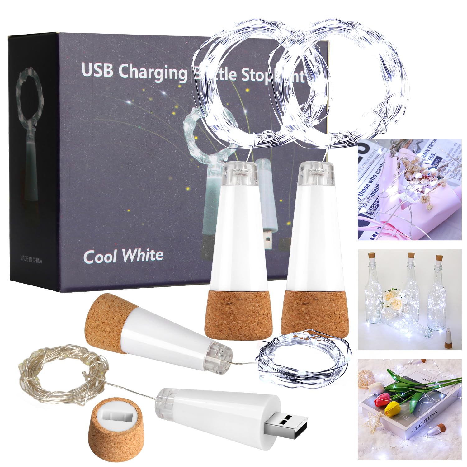 Godinsky Wine Bottle Lights with Cork Switch for Liquor Bottles 4 Pack Rechargeable Battery Operated 20 Led Bottle Stopper Blue String Fairy Lights Indoor Christmas Wedding Halloween Decorations