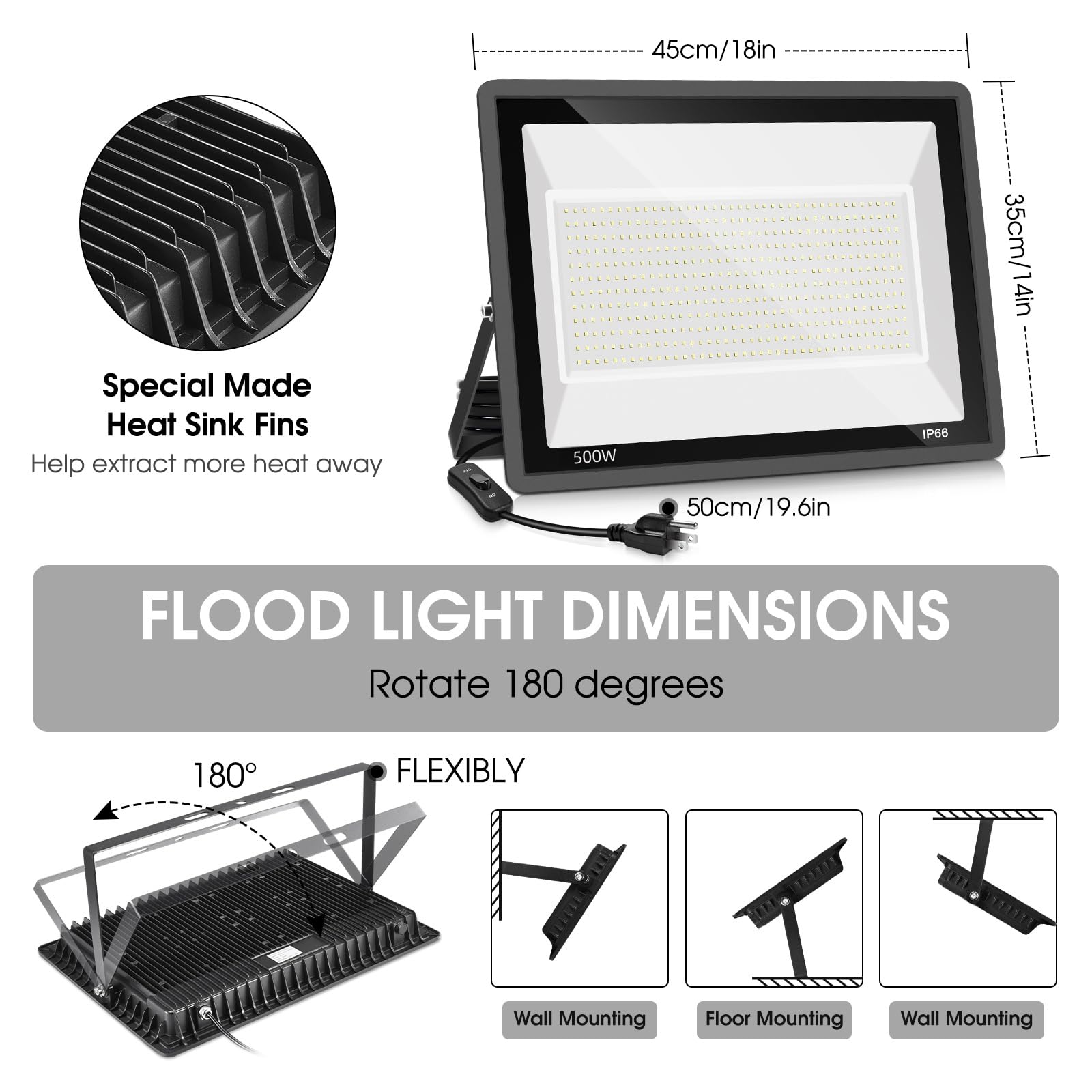 Yanycn 2 Pack 500W Led Flood Light Outdoor,2750W Equivalent Super Bright Floodlight With Plug,58600Lm 5000K Daylight White Ip66