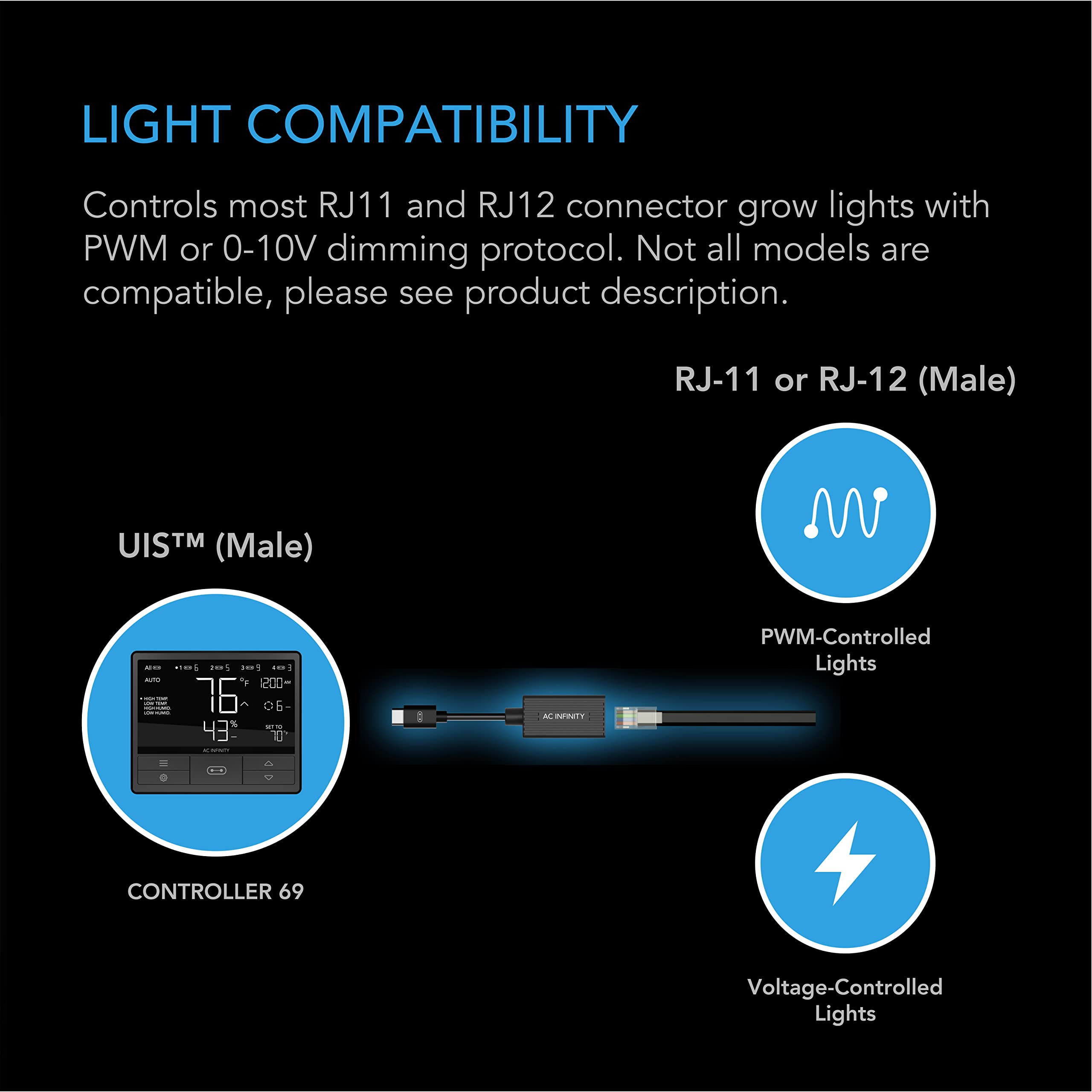 AC Infinity RJ11/12 to UIS Type-A Adapter Dongle, Black Conversion Cable for Grow Lights, Model AC-ADL7