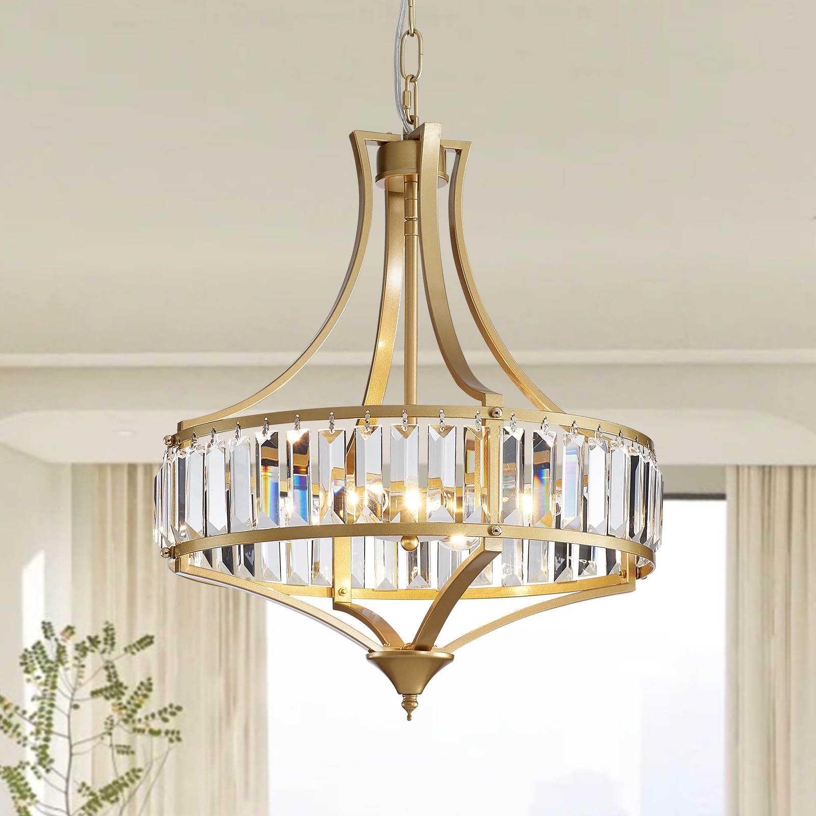 Majhoiw Modern Crystal Chandeliers for Dining Room Gold Light Fixture Pendant 4-Light, Rustic Chandelier with Round Metal Lampsh