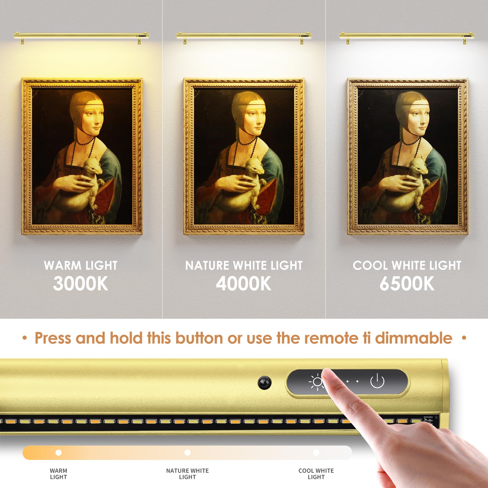 Eayoyae Battery Operated Wireless Picture Light,Rechargeable/Plugged In 31.5Inch Painting Display Light,Remote Control Wall Lights With Three Modes And Timing For Art Frame (Gold)