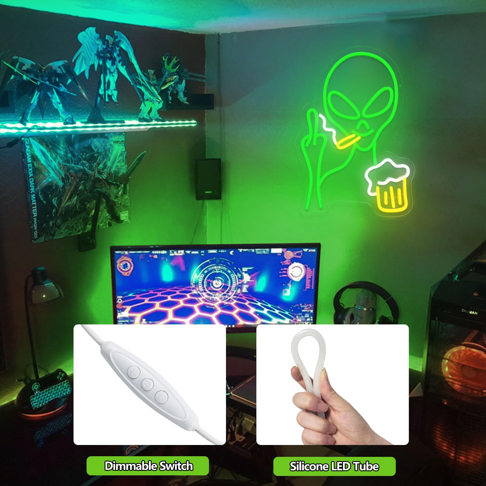 Nen Sign Green Alien Neon Light - Dimmable LED Wall Decor for Kids, USB Powered, Perfect for Bedroom, Game Room, and Parties