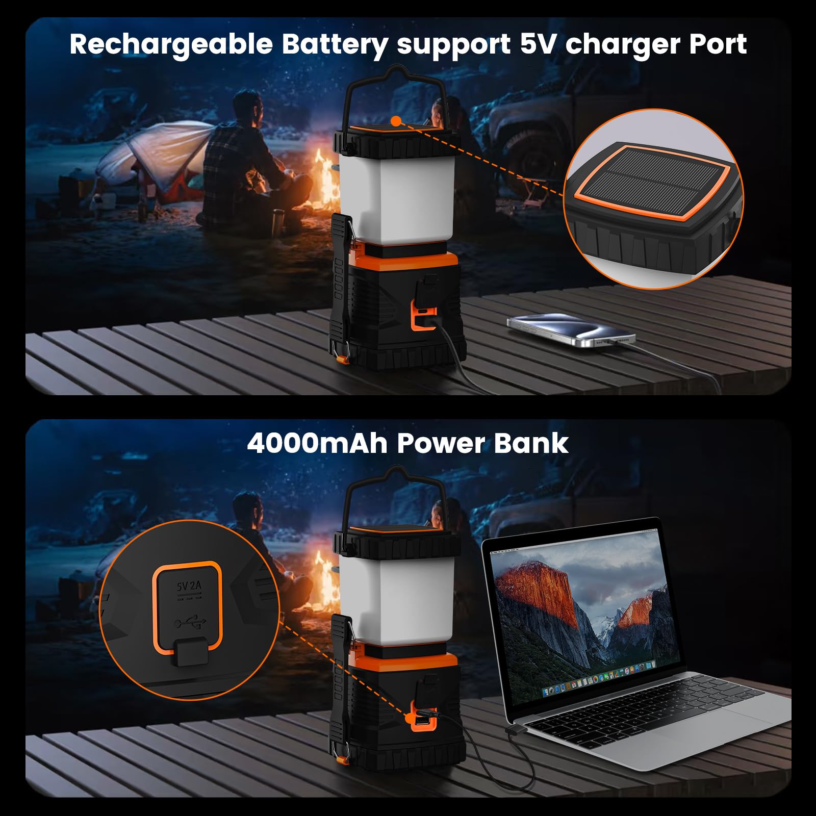 Xynover LED Camping Lantern 1000LM Rechargeable IP44 Waterproof 2-Pack Orange