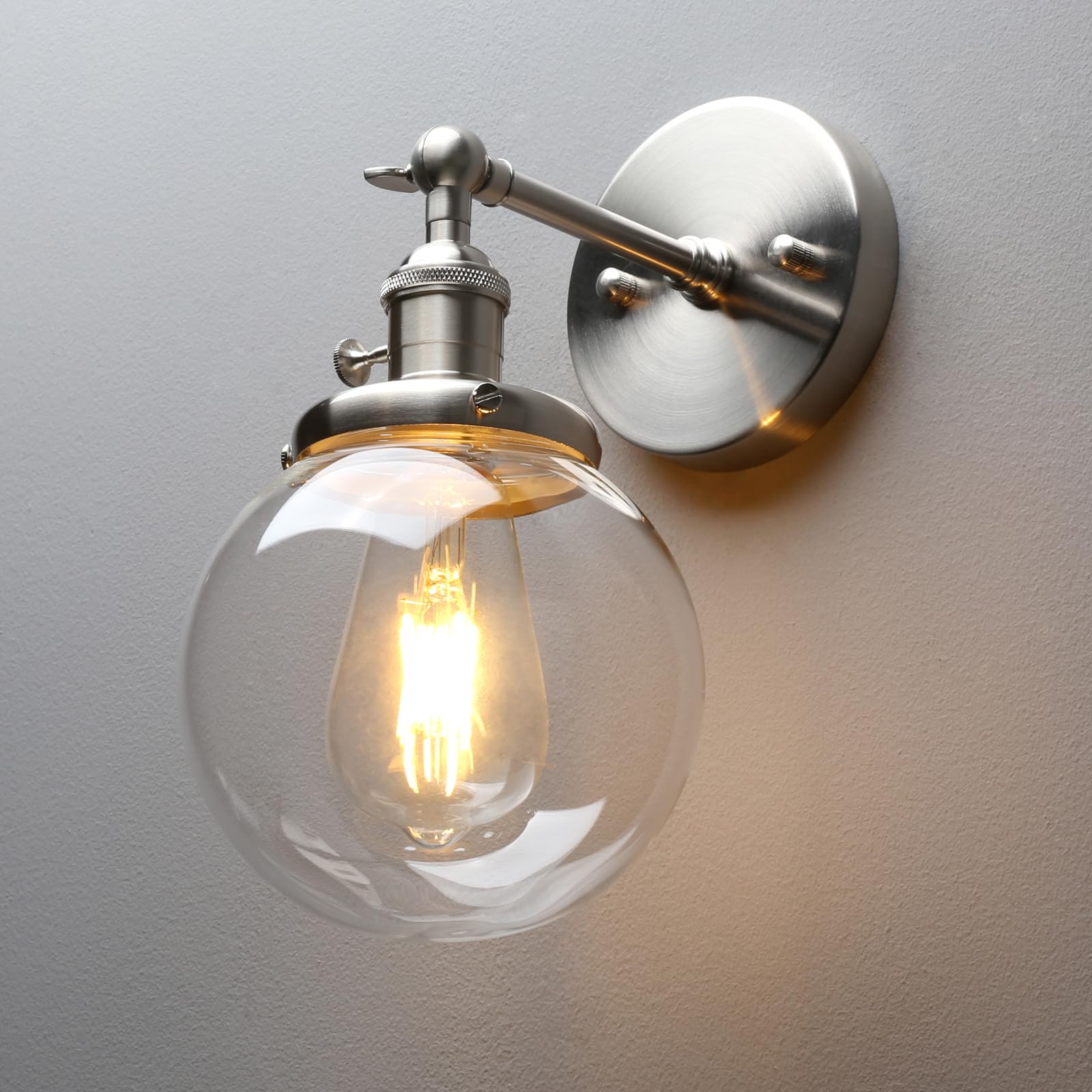 Permo Vintage Industrial Wall Sconce Lighting Fixture With Mini 5.9 Round Clear Glass Globe Hand Blown Shade (Brushed)