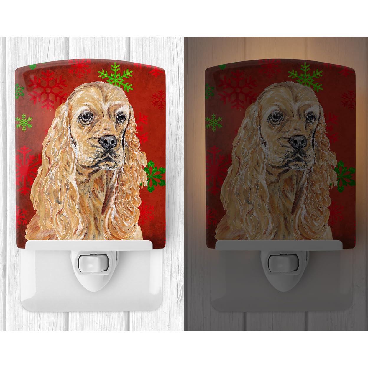 Carolines Treasures Ceramic Night Light, Buff Cocker Spaniel, 6x4x3in, Red Snowflakes, UL-Certified, Multicolor