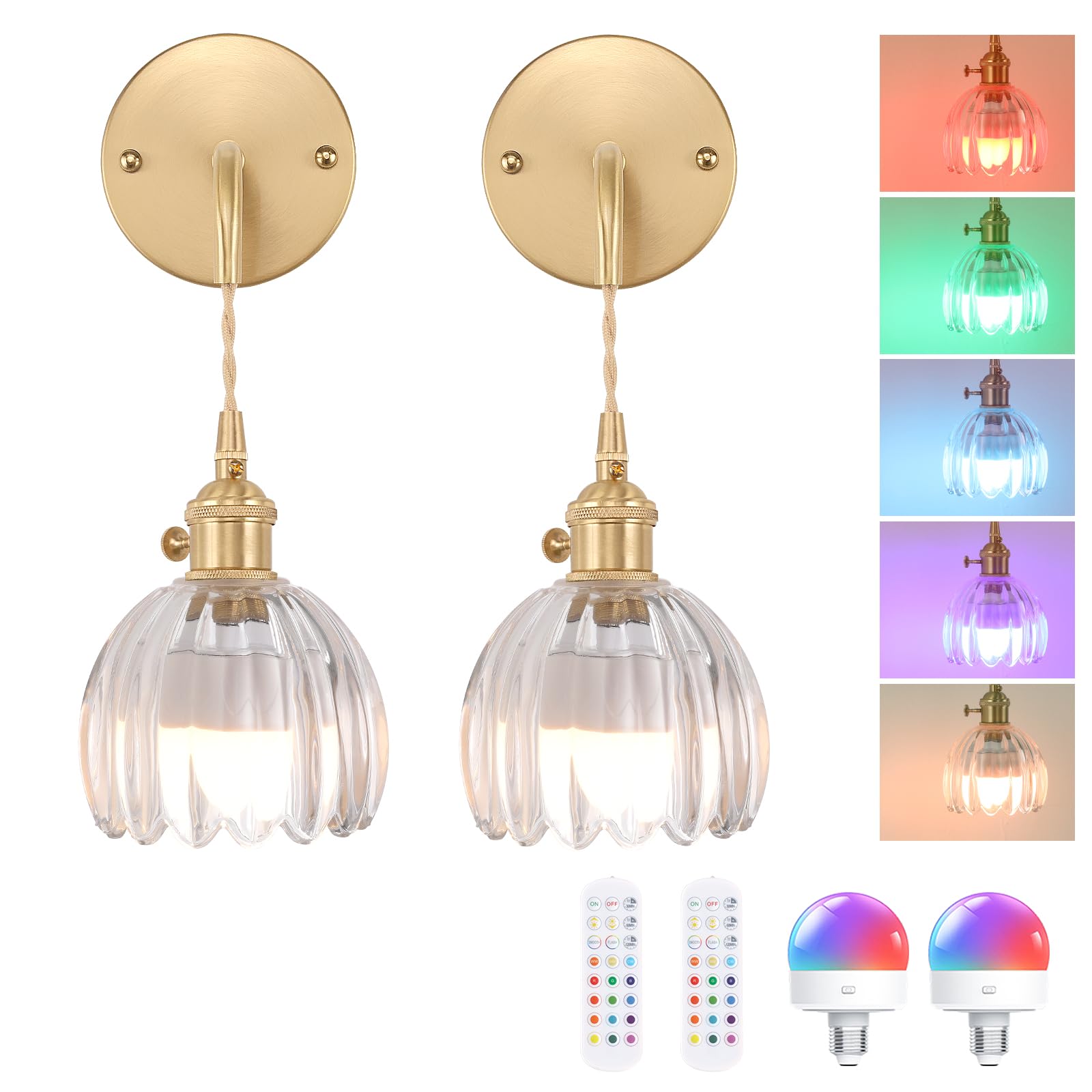 Shenmoyl Wall Sconce - Battery Operated, Clear Tulip Shade, Retro Gold, Set of 2, Model 1-9381