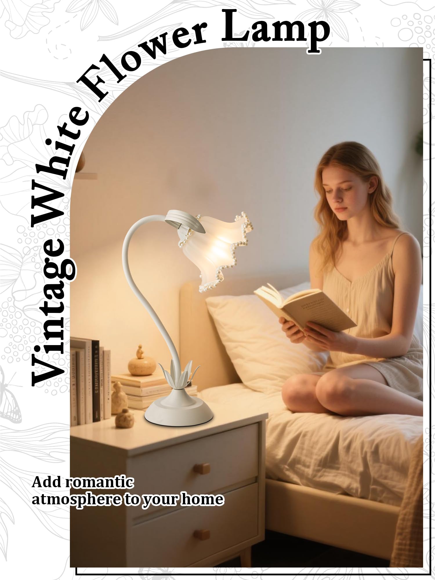 Aqdzcnf Flower Table Lamp Led Reading Light Bedside Vintage Flower Night Light 3 Colors Modes Kawaii Bedside Lamps Decor Living Room Bedroom Room Lighting Table Lamps Home Decoration (White Pearls)