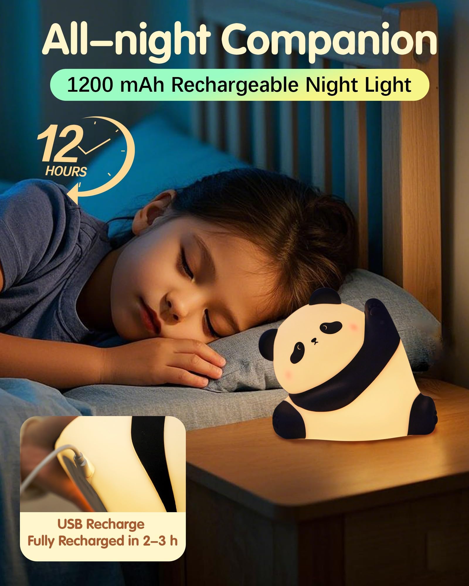 Panda Night Light, Rechargeable 3 Level Dimmable LED Squishy Nursery Nightlight, Food Grade Silicone Animal Night Lamps Cute Bed