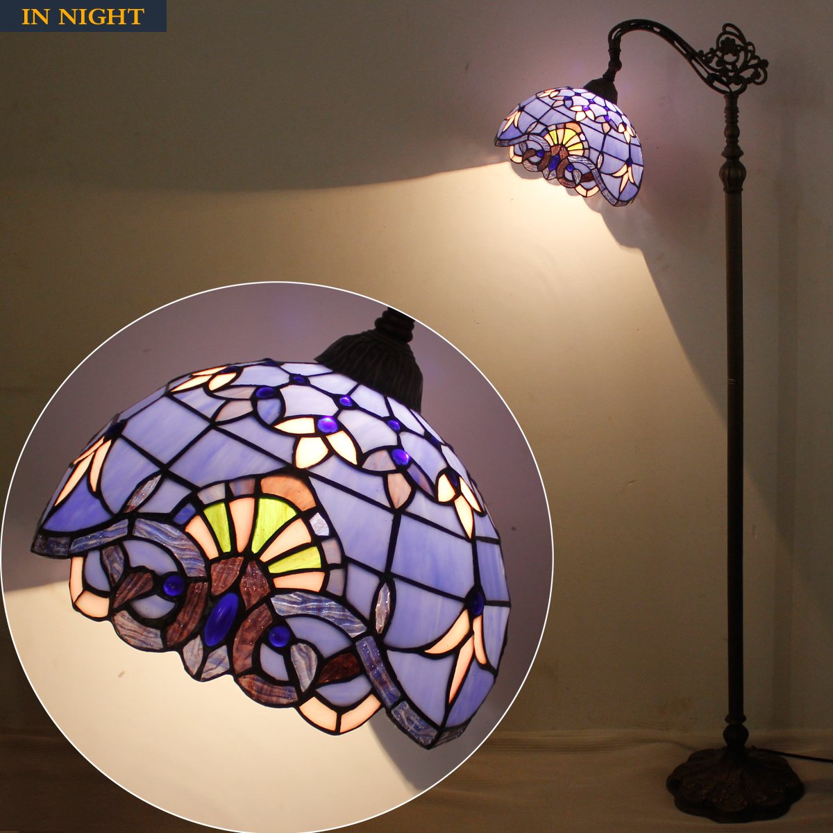WERFACTORY Tiffany Floor Lamp - Blue Purple Stained Glass, Arched Gooseneck, 12X18X64 Inch, Corner Reading Light, S003C Series