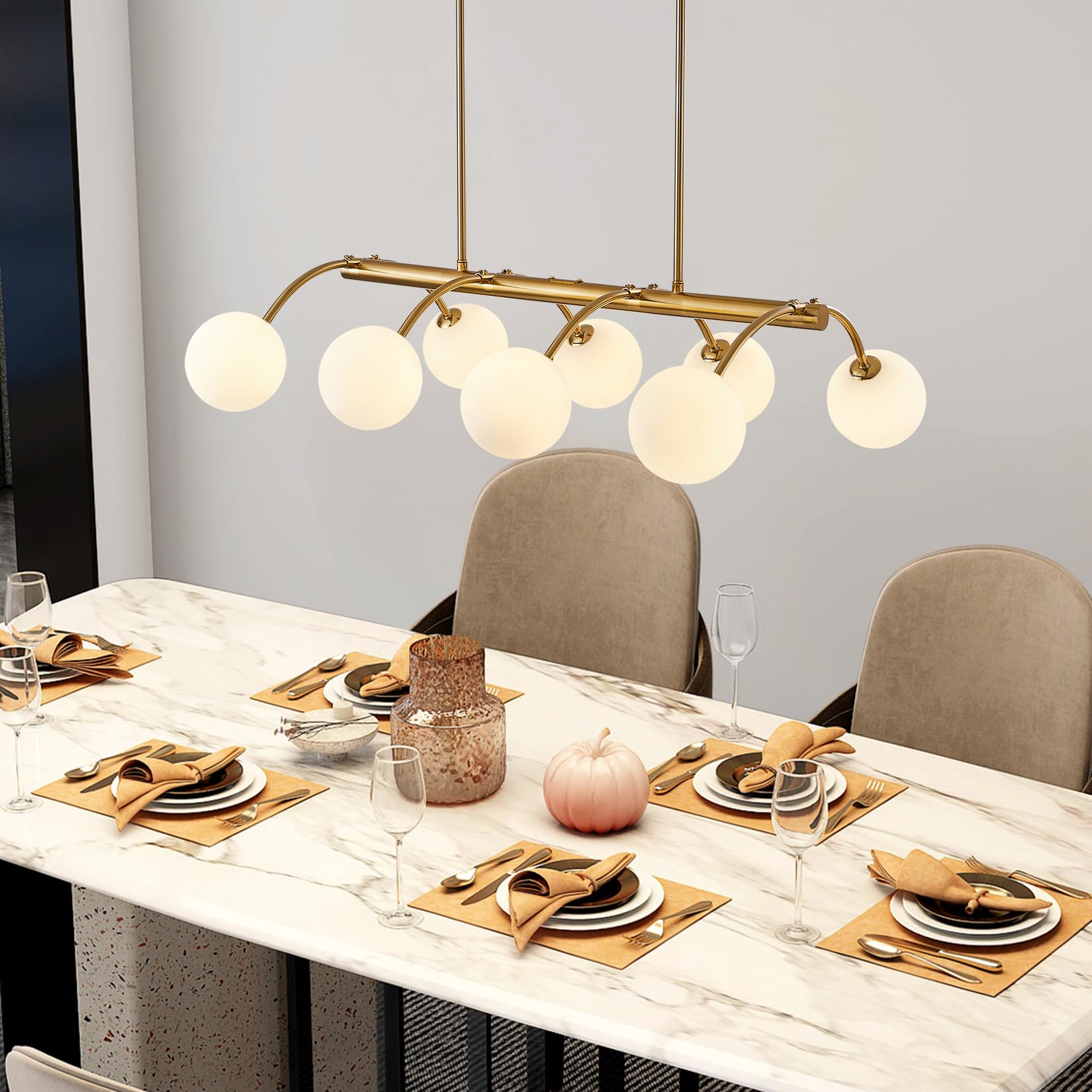 Modern Globe Chandelier, 8 Lights Gold Bubble Chandeliers Century White Glass Globe Pendant Lighting For Kitchen Island,Dining R
