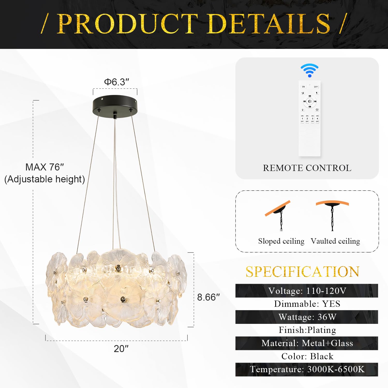 Poemoon Modern Glass LED Chandelier 20in Dimmable Black Lotus Leaf with Remote Control Model 56-500B for Living Room Foyer Dining Room