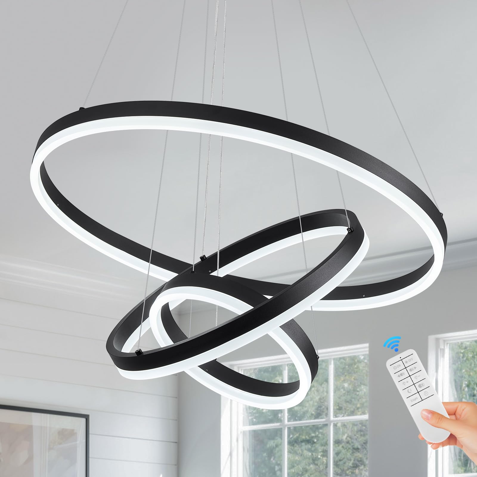 Benkut 3-Rings D23.6 Modern Led Chandelier Black Dimmable Pendant Lighting With Remote Control Circular Flush Mount High Ceiling Light For Dining Room Living Room Bedroom Entrance Foyer, 3000K-6500K