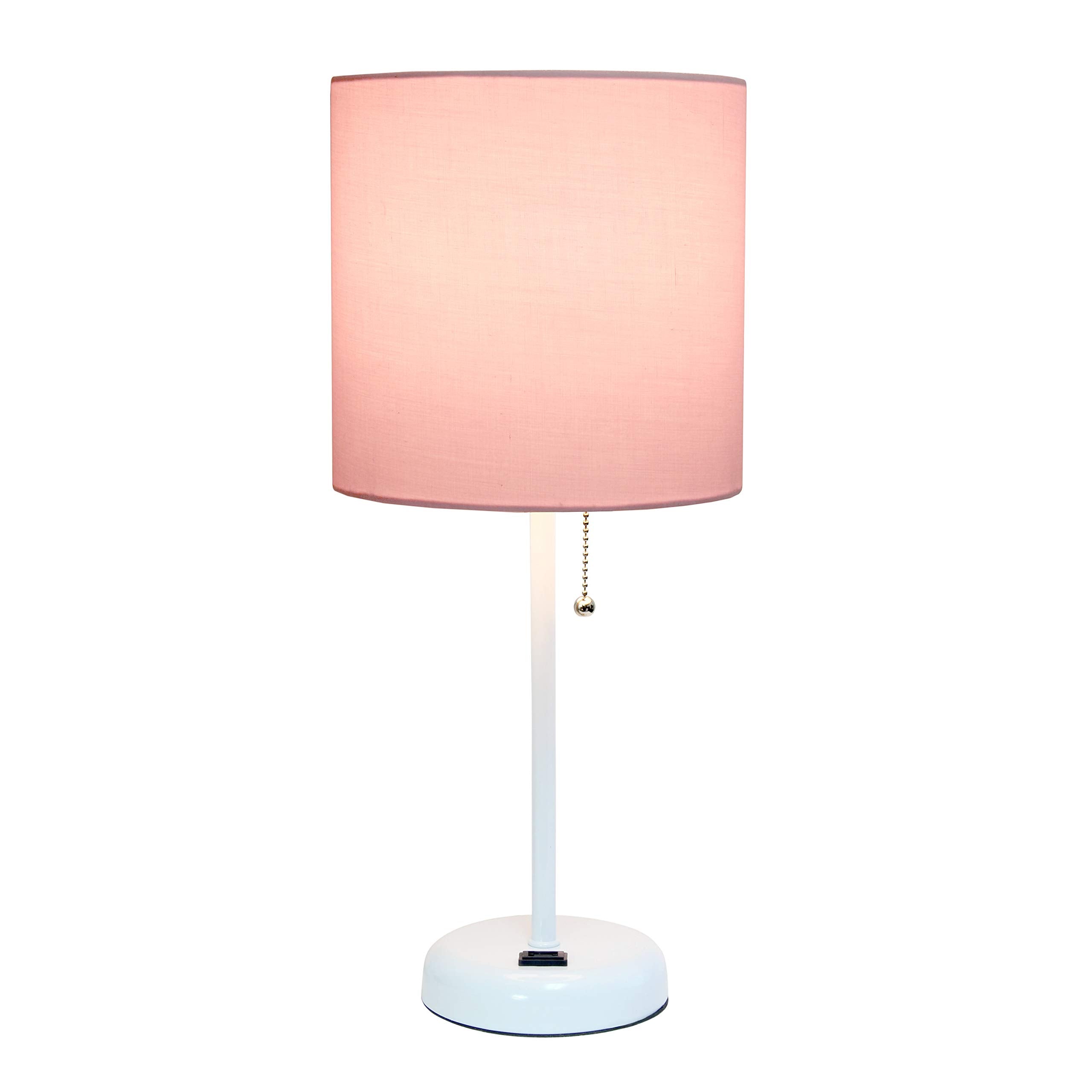 Simple Designs Lt2024-Pow White Stick Table Desk Lamp With Charging Outlet And Drum Fabric Shade, Light Pink