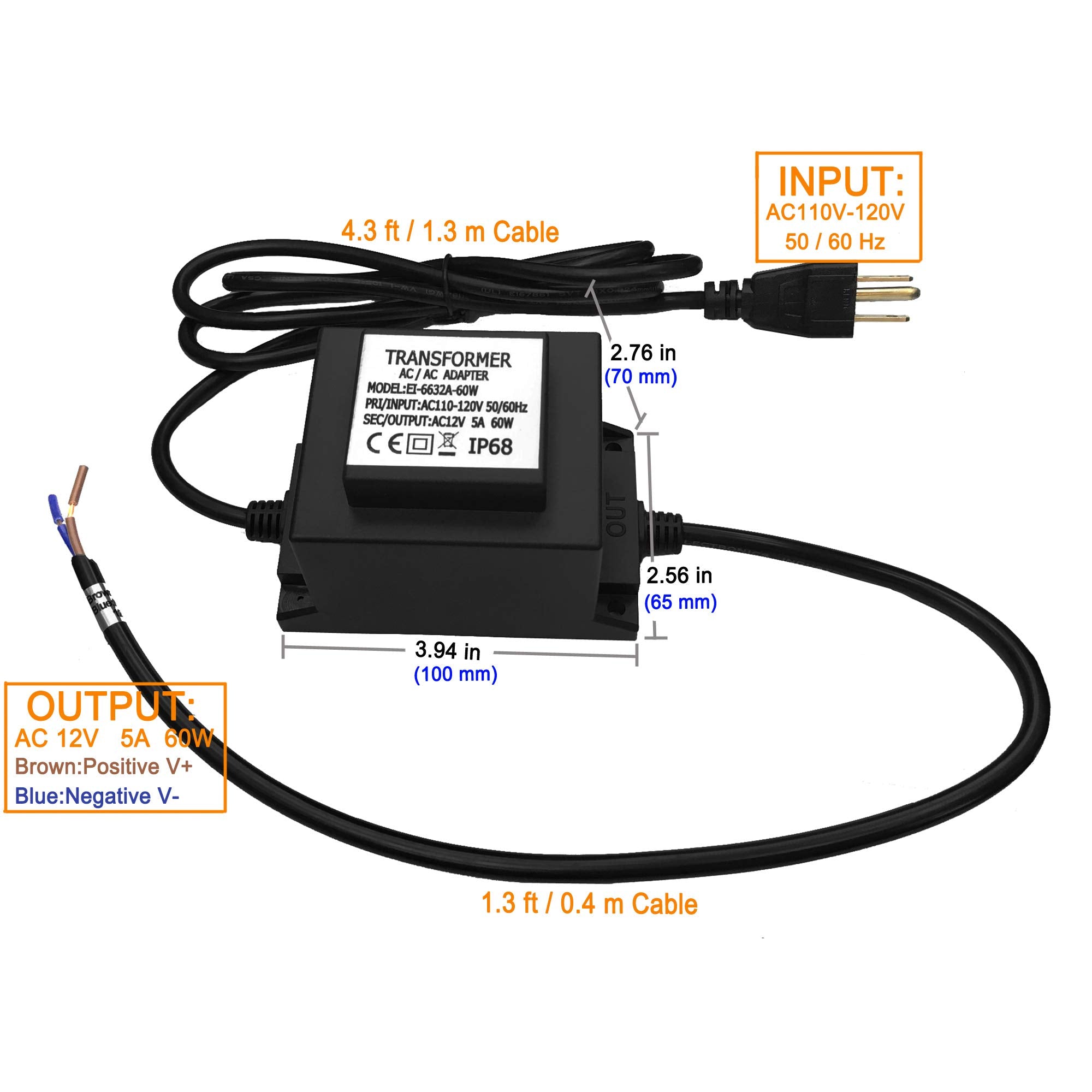 Cnbrighter Waterproof 12V Ac Transformer 5A 60W,110V-120V Ac To 12V Ac Led Power Supply, Voltage Converter Led Driver,Adapter Fo