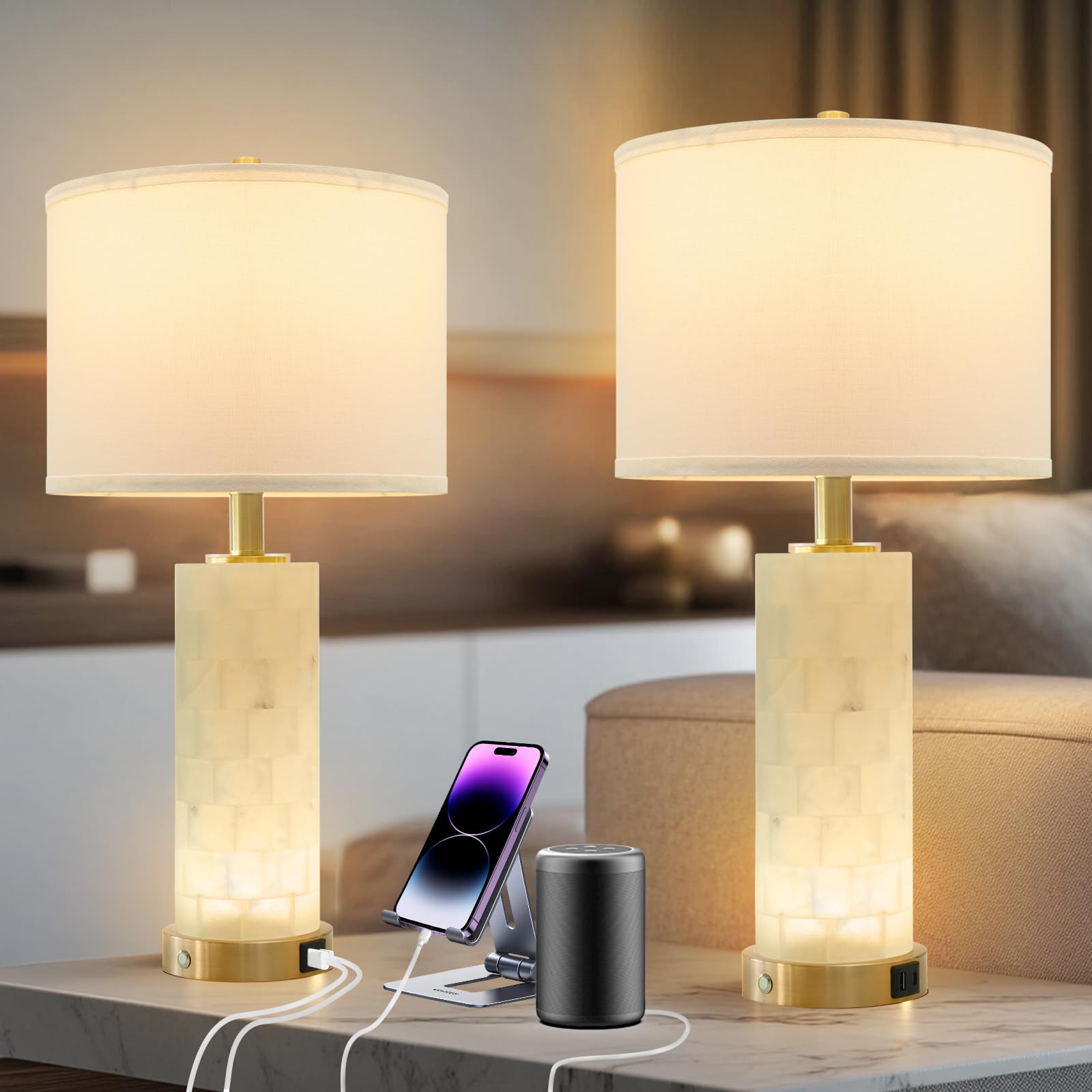 VALLERICO Alabaster Table Lamps Set of 2: 3-Color Temperatures Marble Lamp with Nightlight, Bedside Lamps with USB Ports, Bedroo