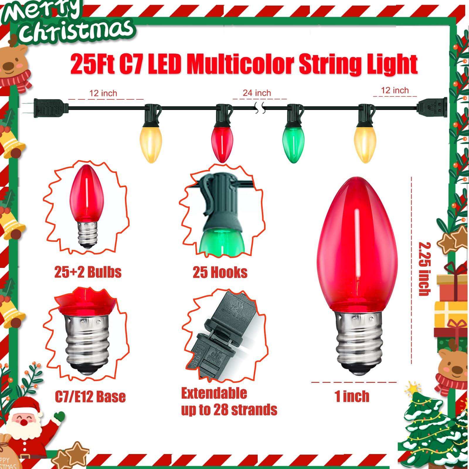 C7 Led Christmas Lights Outdoor, 25Ft Clear Red Green And Frosted White Christmas String Lights With 27 Led Energy-Efficient Bul
