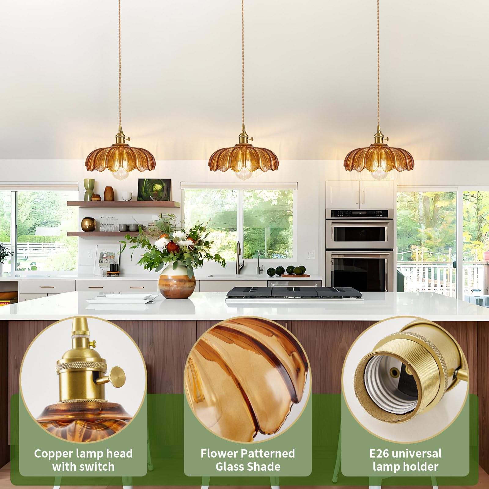 Beser·Win Pendant Light - Amber Glass Hanging Fixture with Plug-in Cord, Brown, E26 - Ideal for Kitchen Island, Bedroom, Dining Room