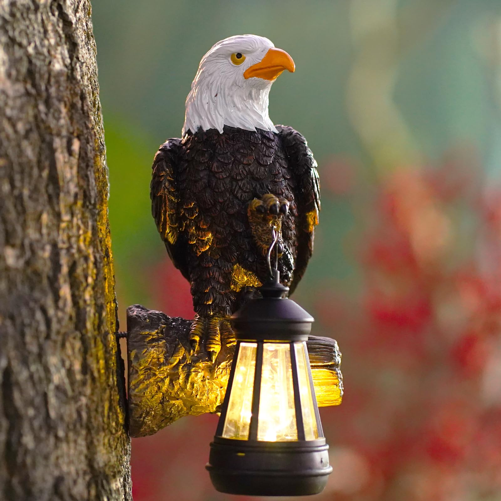 Fashionoda Eagle Tree Hugger Resin Statue with Solar Lantern - Outdoor Garden Decor - Dark Black - Model LD602497