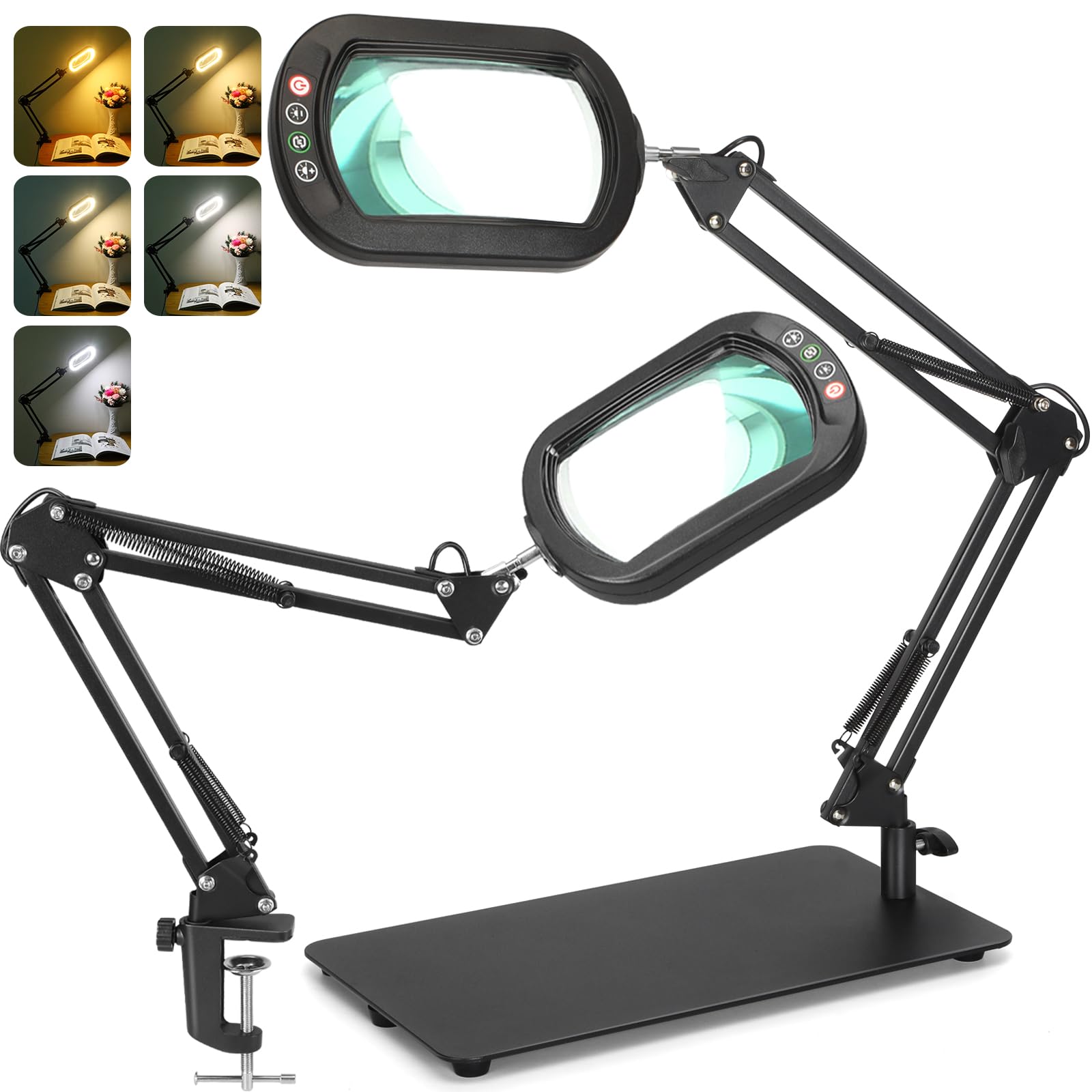 Veemagni 10X Magnifying Glass with Light, 5 Color Modes, Metal, Black, Model FX602, Hands-Free Desk Lamp & Clamp