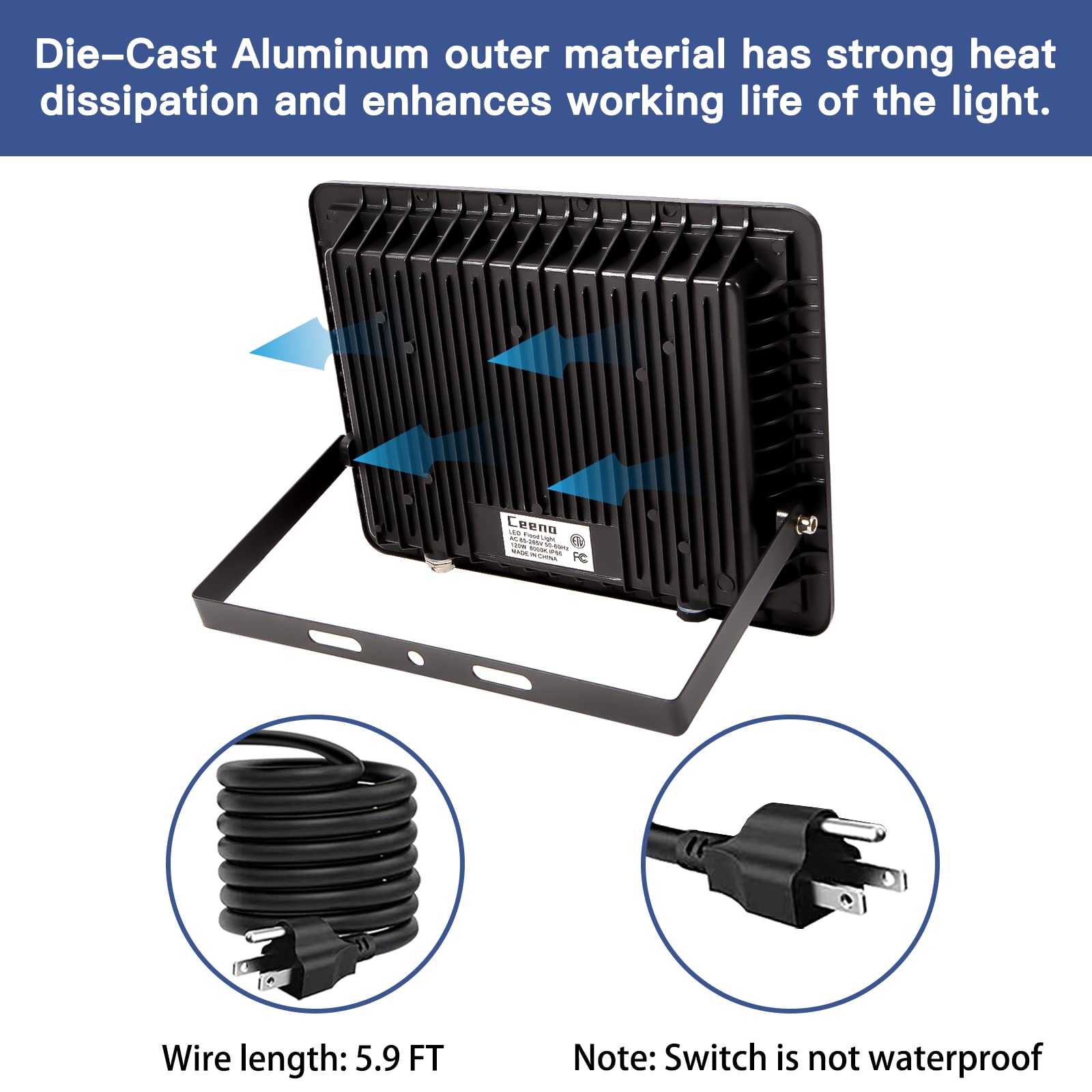 Ceena 2 Pack 120W Plug In Led Flood Light Outdoor, 12000Lm Super Bright Floodlight With 5.9Ft Wire, Ip66 Waterproof 6000K Led Wo