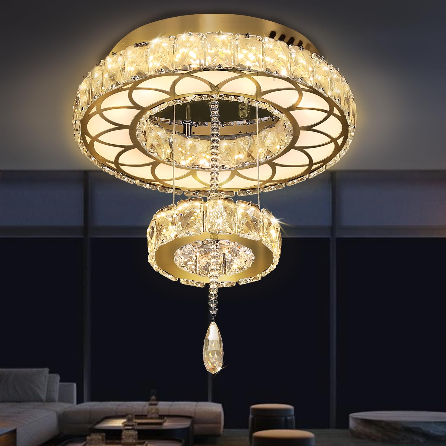 Flashing God Dia 12'' Crystal Mini Chandelier Crystal Gold Ceiling Light Fixtures LED Flush Mount Ceiling Light for Living Room 