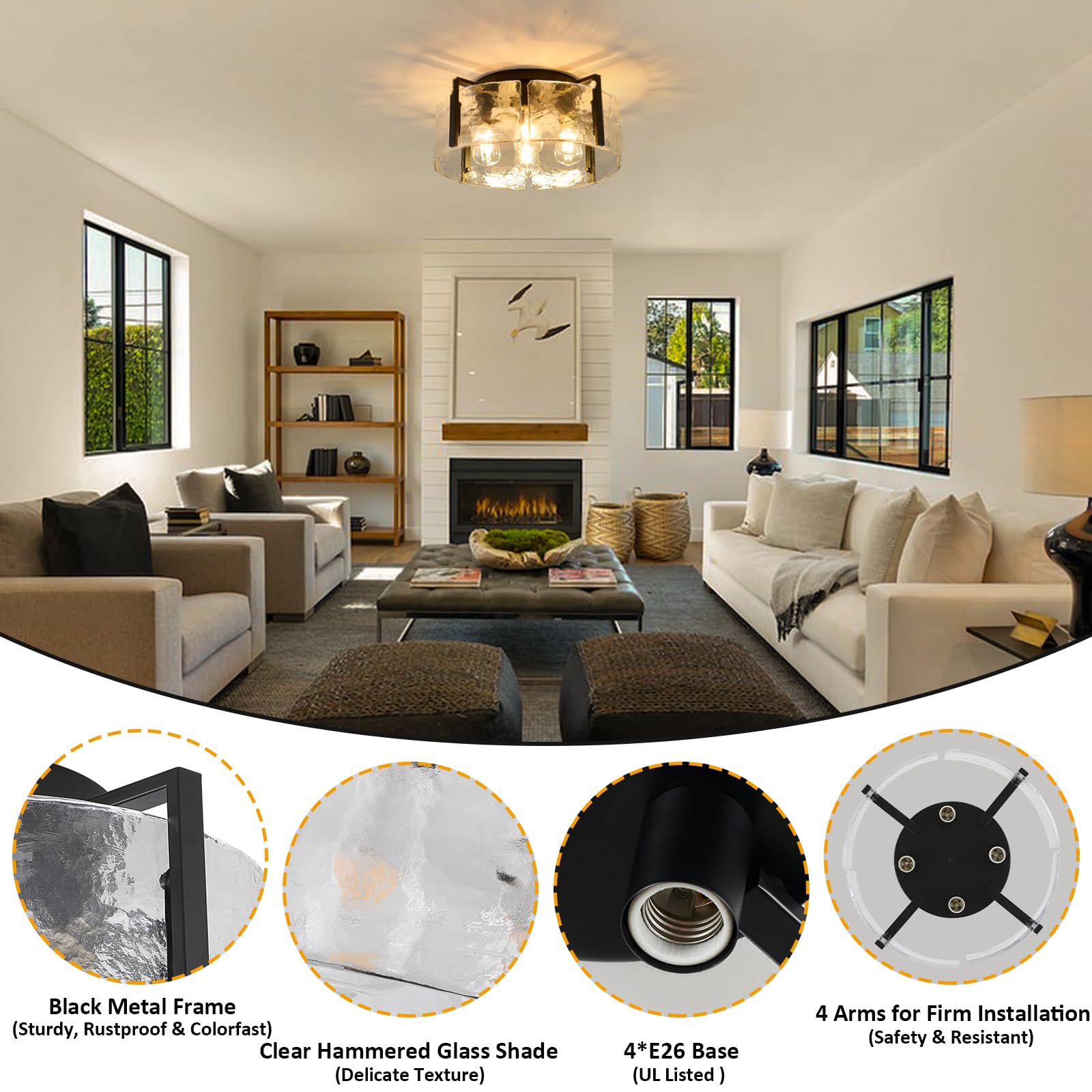 Aklmxcg Black Flush Mount Ceiling Light Fixture, 4-Light Modern Ceiling Light, Hallway Light Fixtures Ceiling Mount, Kitchen Lig